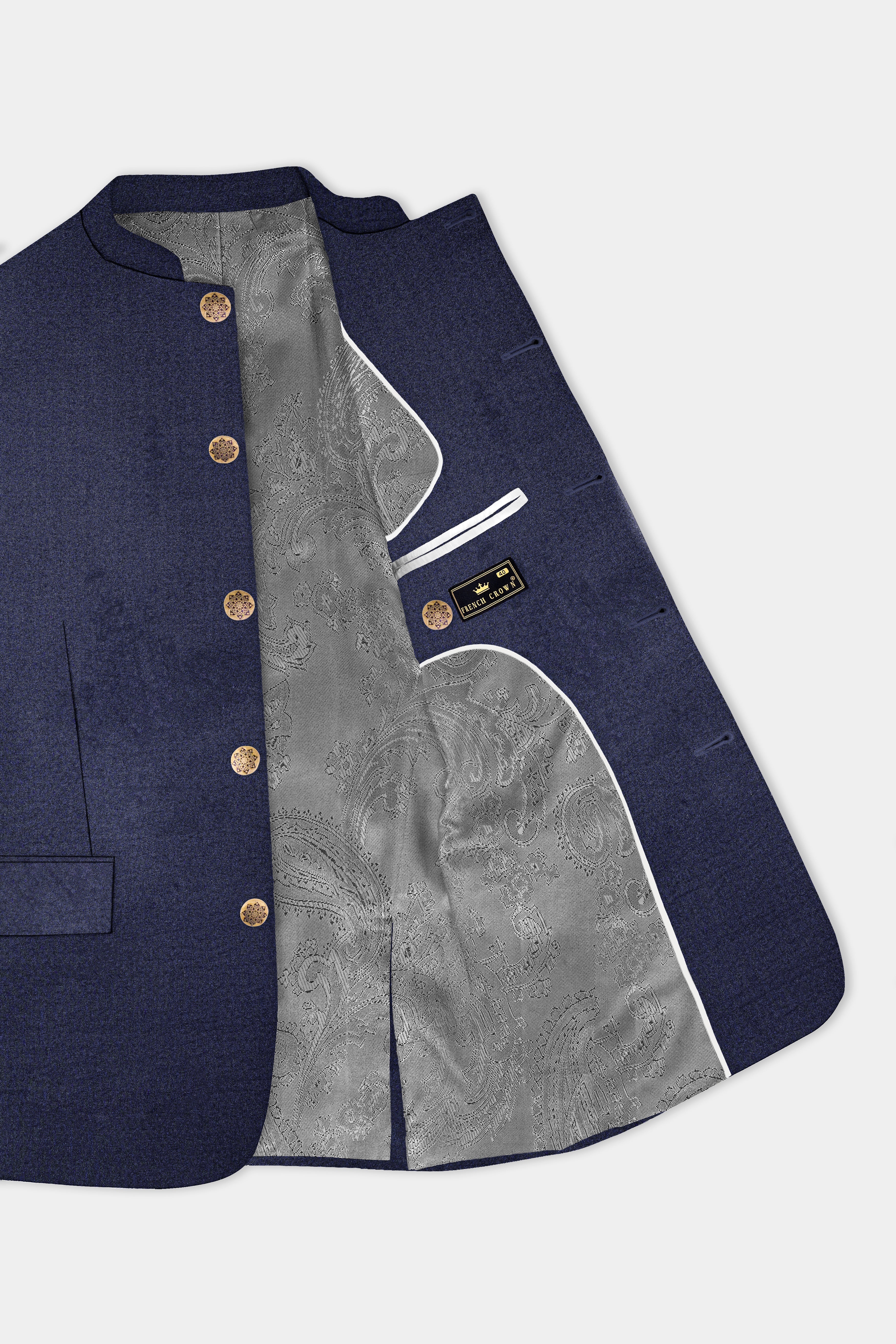 Thunder Blue Solid Wool Blend Bandhgala Blazer