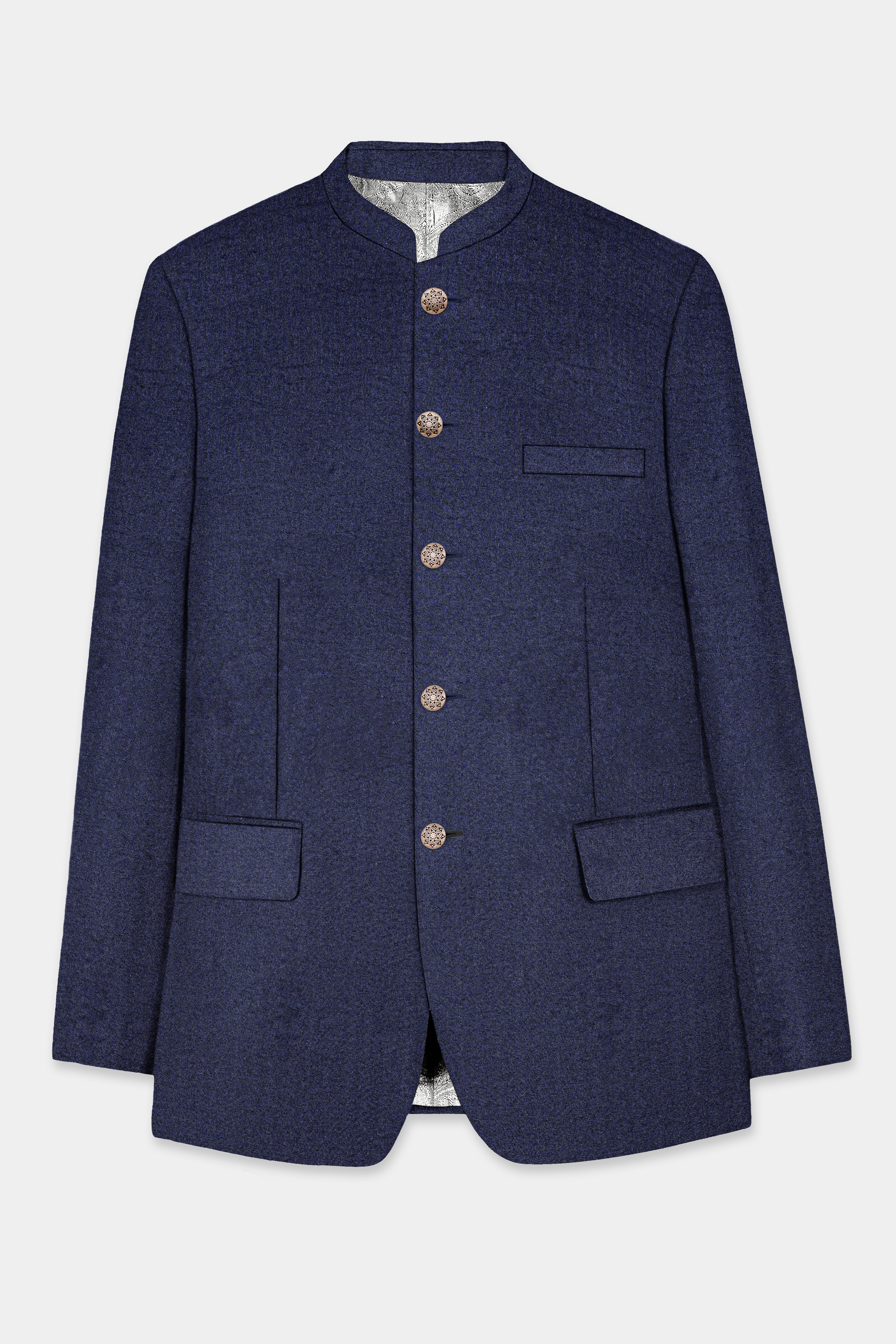 Thunder Blue Solid Wool Blend Bandhgala Blazer