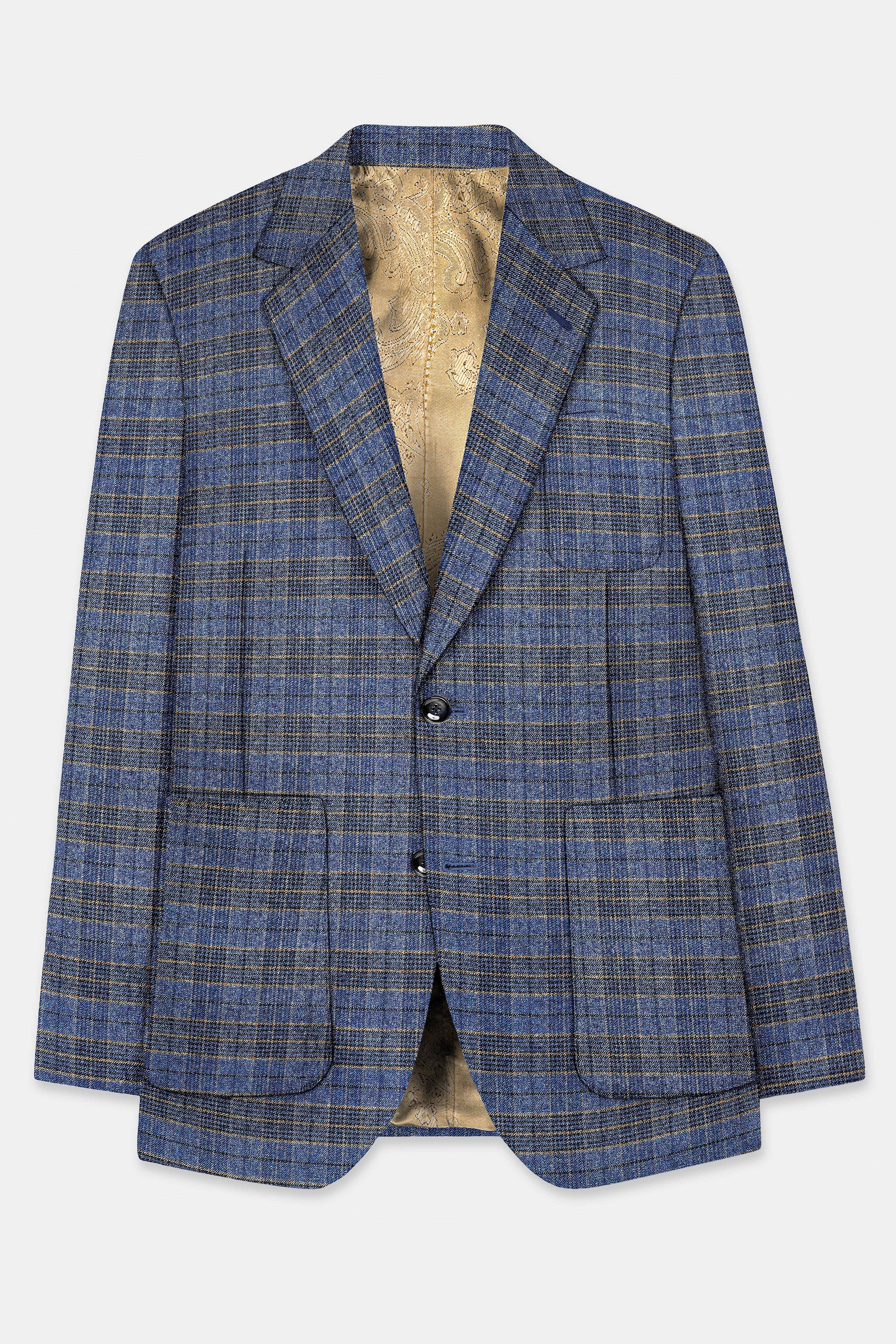 Dianne Blue Plaid Wool Blend Single Breasted Designer Blazer