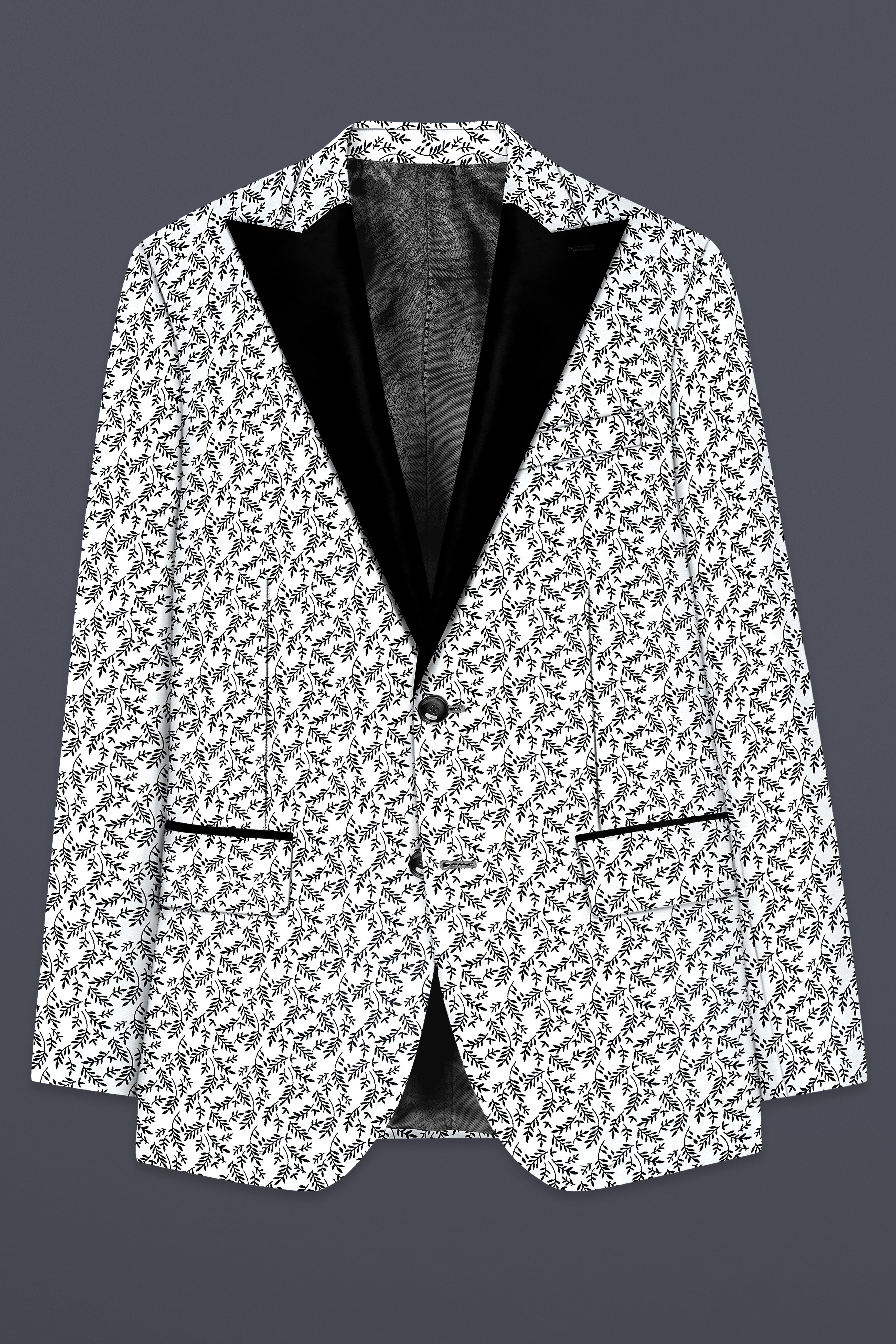 Bright White And Jade Black Printed Cotton Peak Collar Tuxedo Blazer