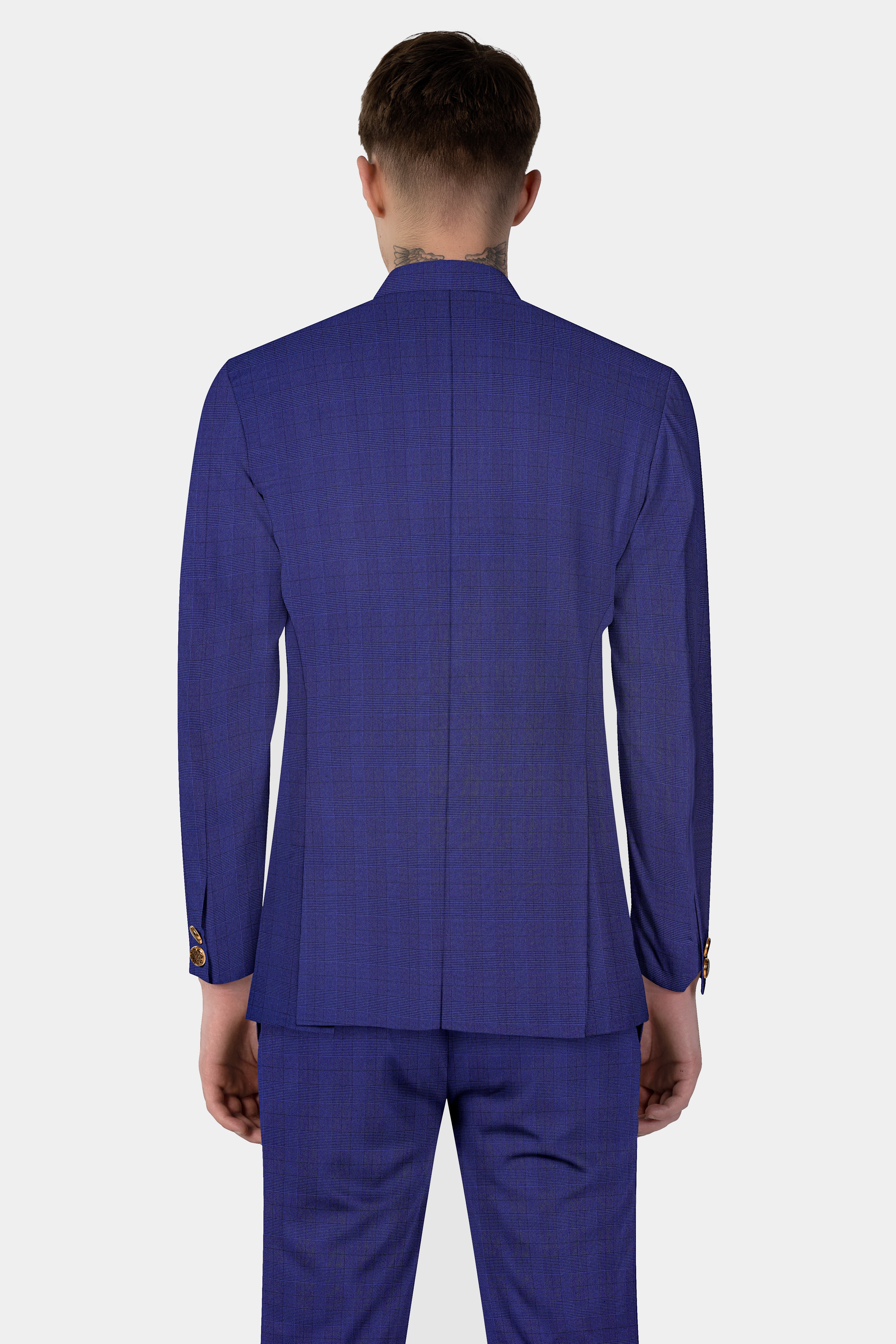 Martinique Blue Plaid Wool Blend Bandhgala Blazer