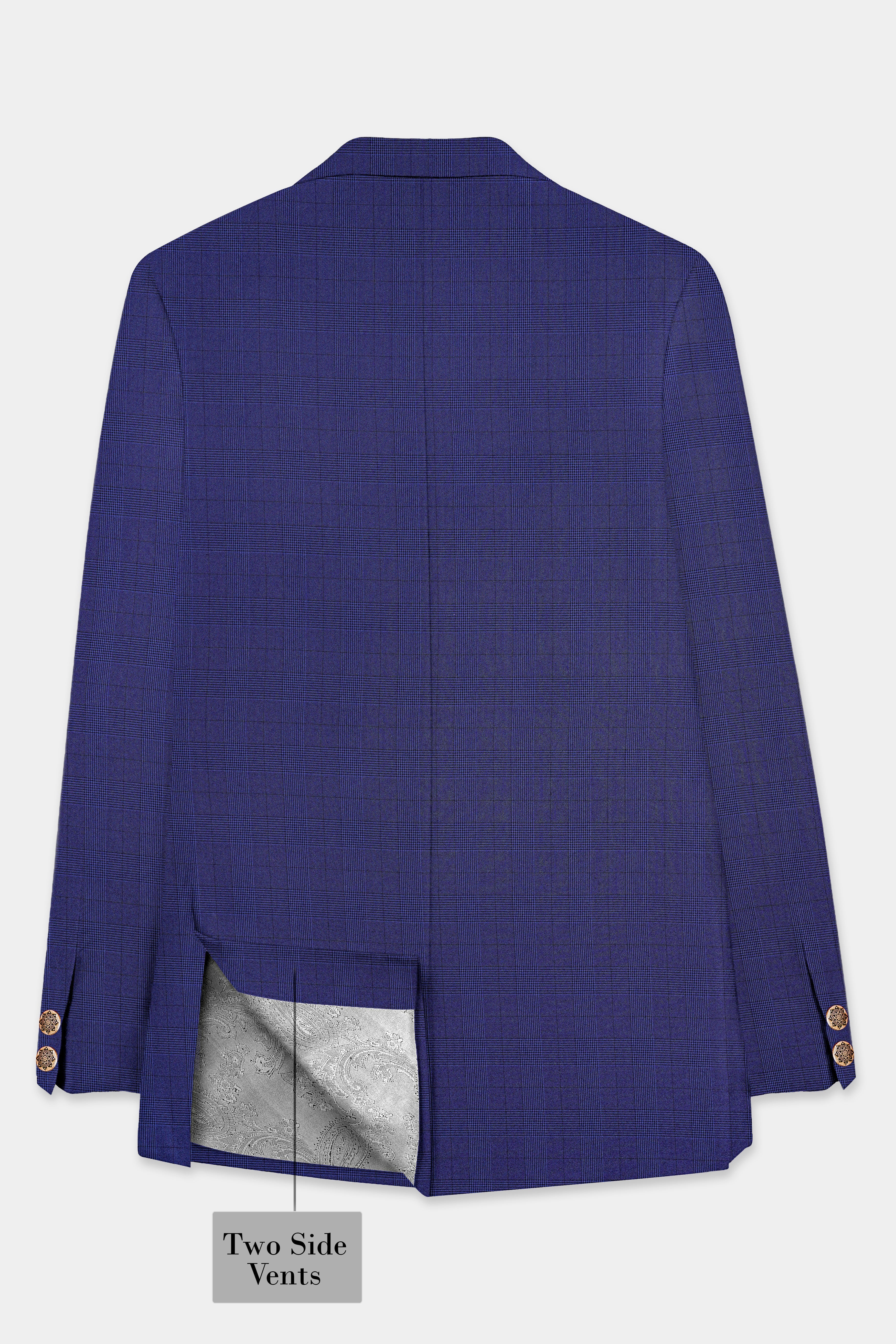 Martinique Blue Plaid Wool Blend Bandhgala Blazer