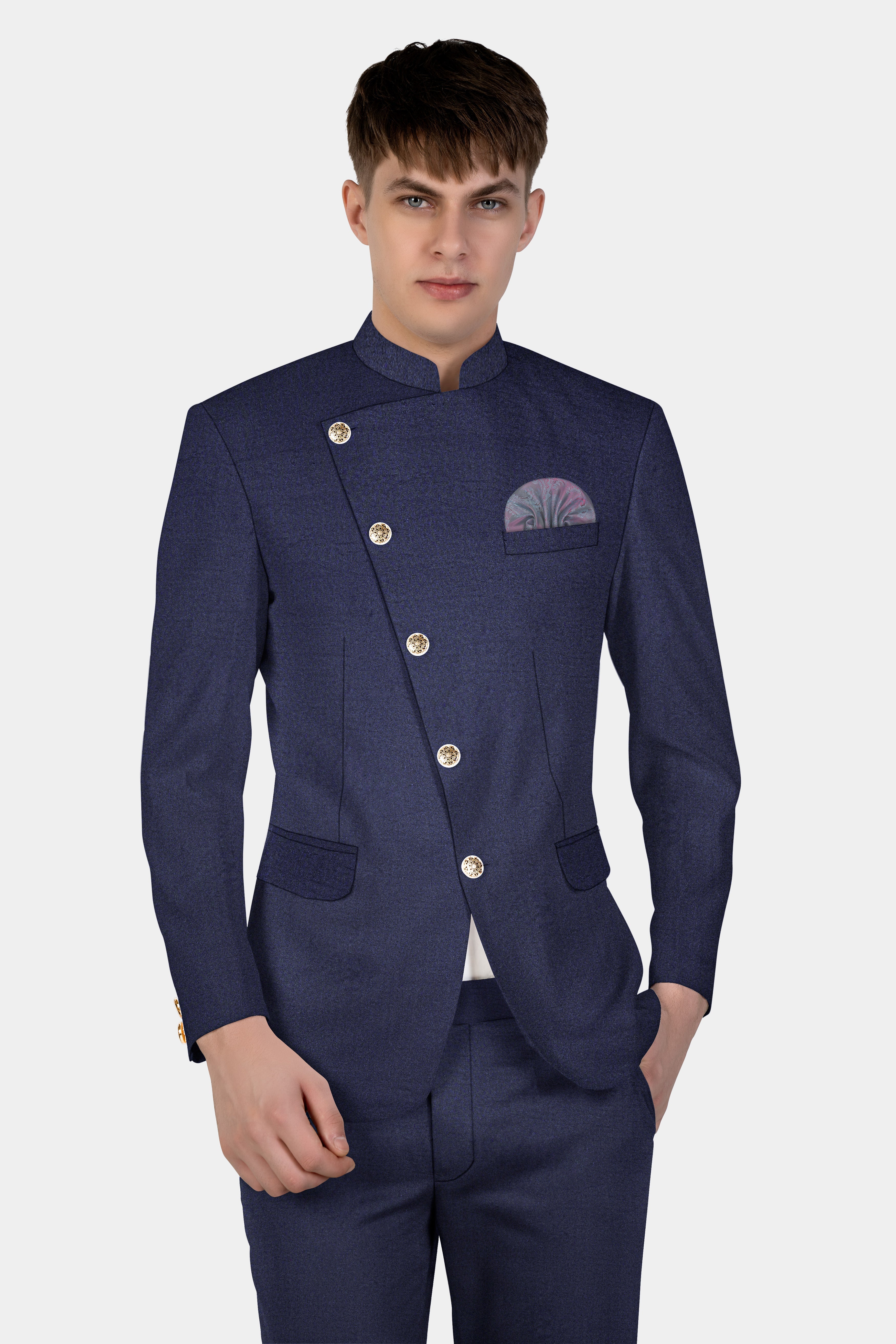 Thunder Blue Solid Wool Blend Cross Placket Bandhgala Blazer