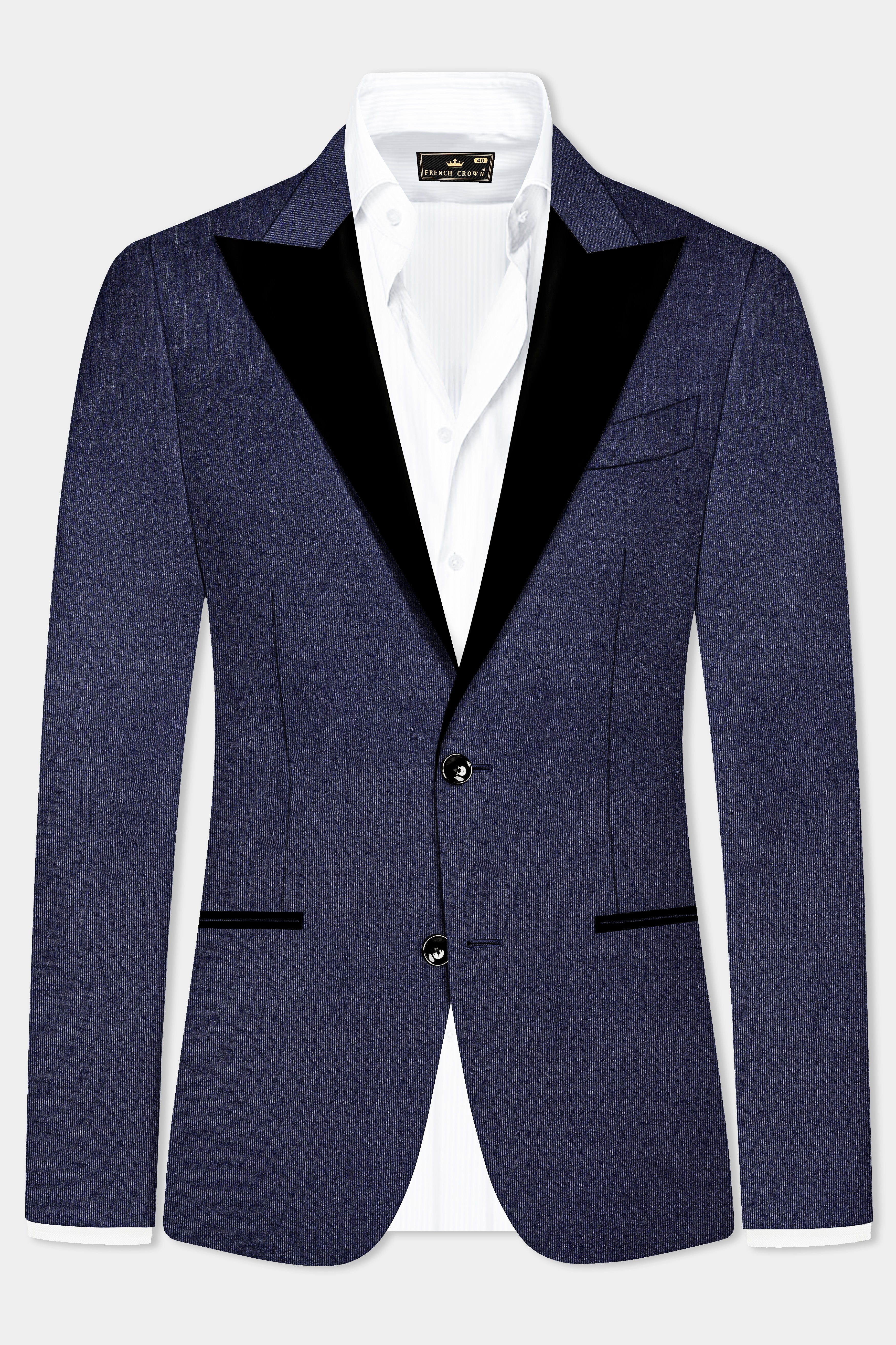 Thunder Blue Solid Wool Blend Peak Collar Tuxedo Blazer