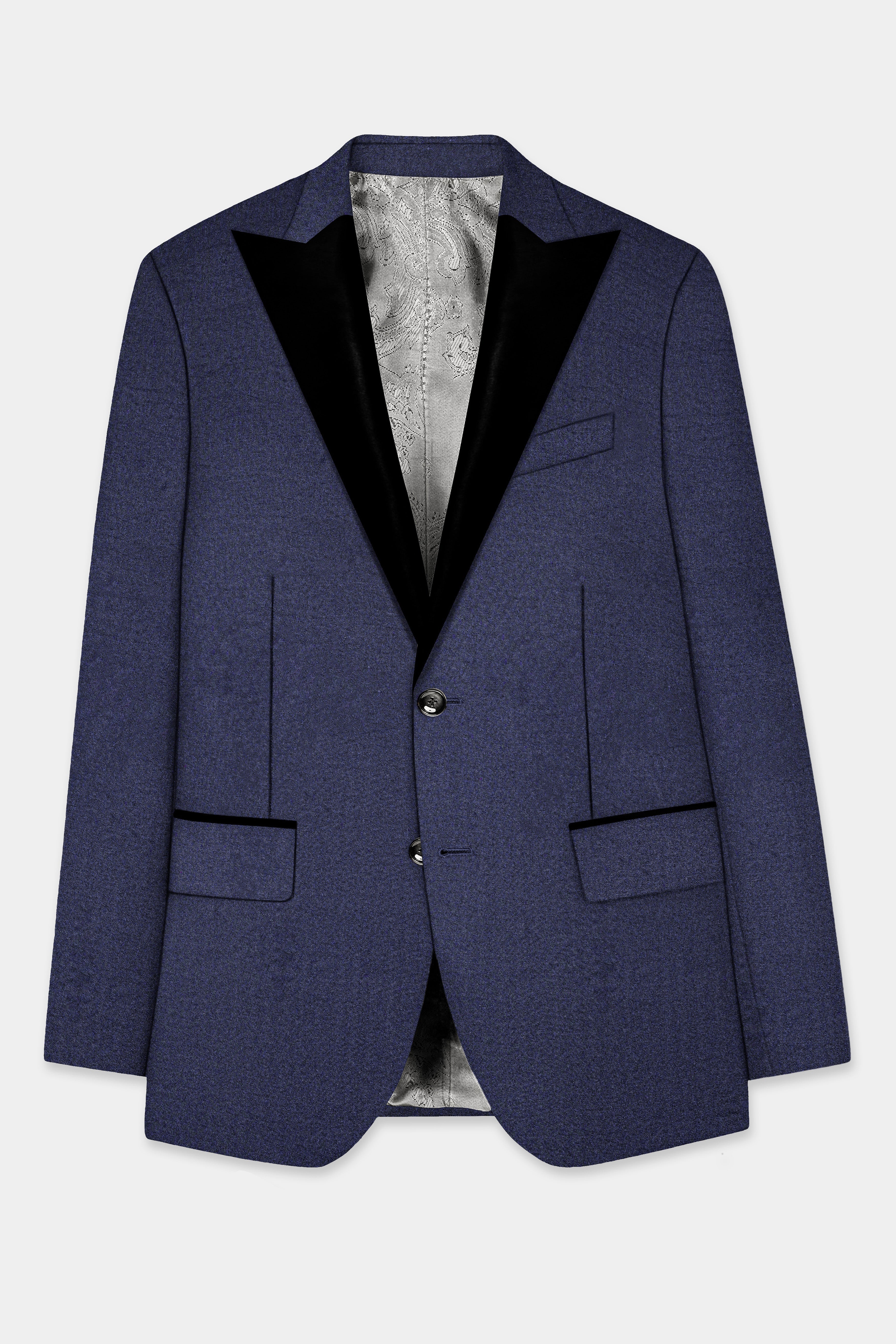 Thunder Blue Solid Wool Blend Peak Collar Tuxedo Blazer