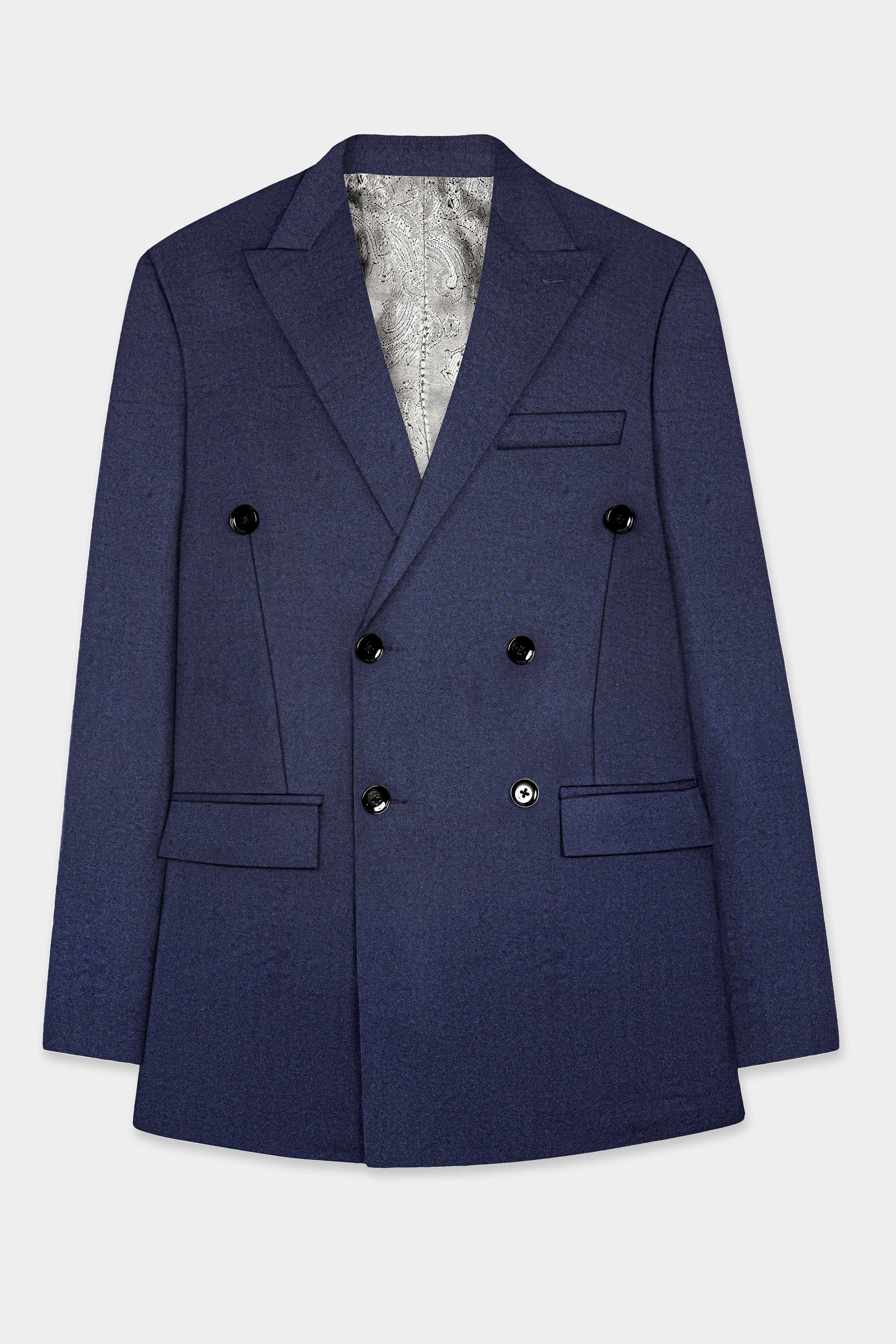 Thunder Blue Solid Wool Blend Double Breasted Blazer