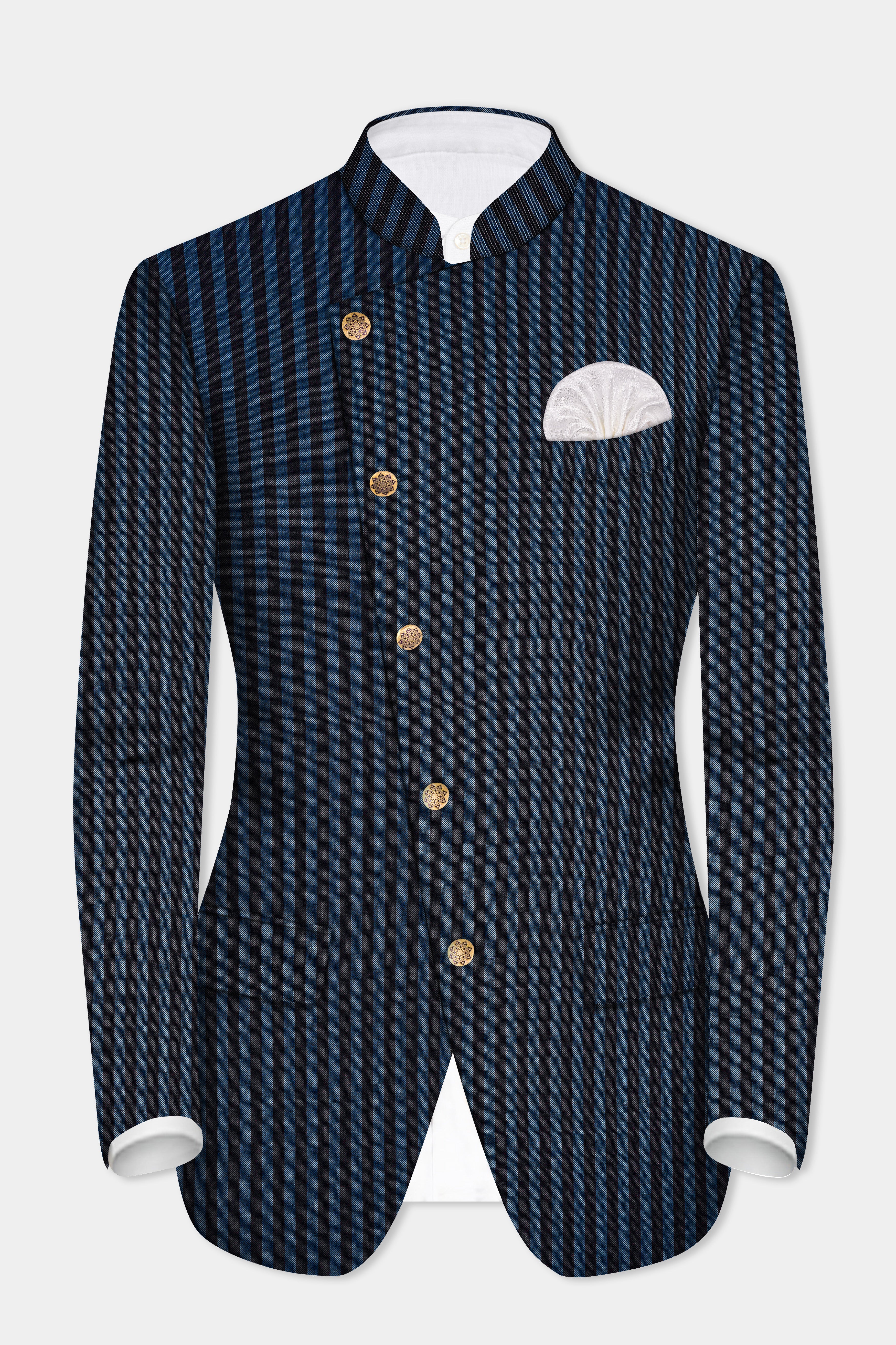 Tiber Blue And Jade Black Striped Wool Blend Cross Placket Bandhgala Blazer