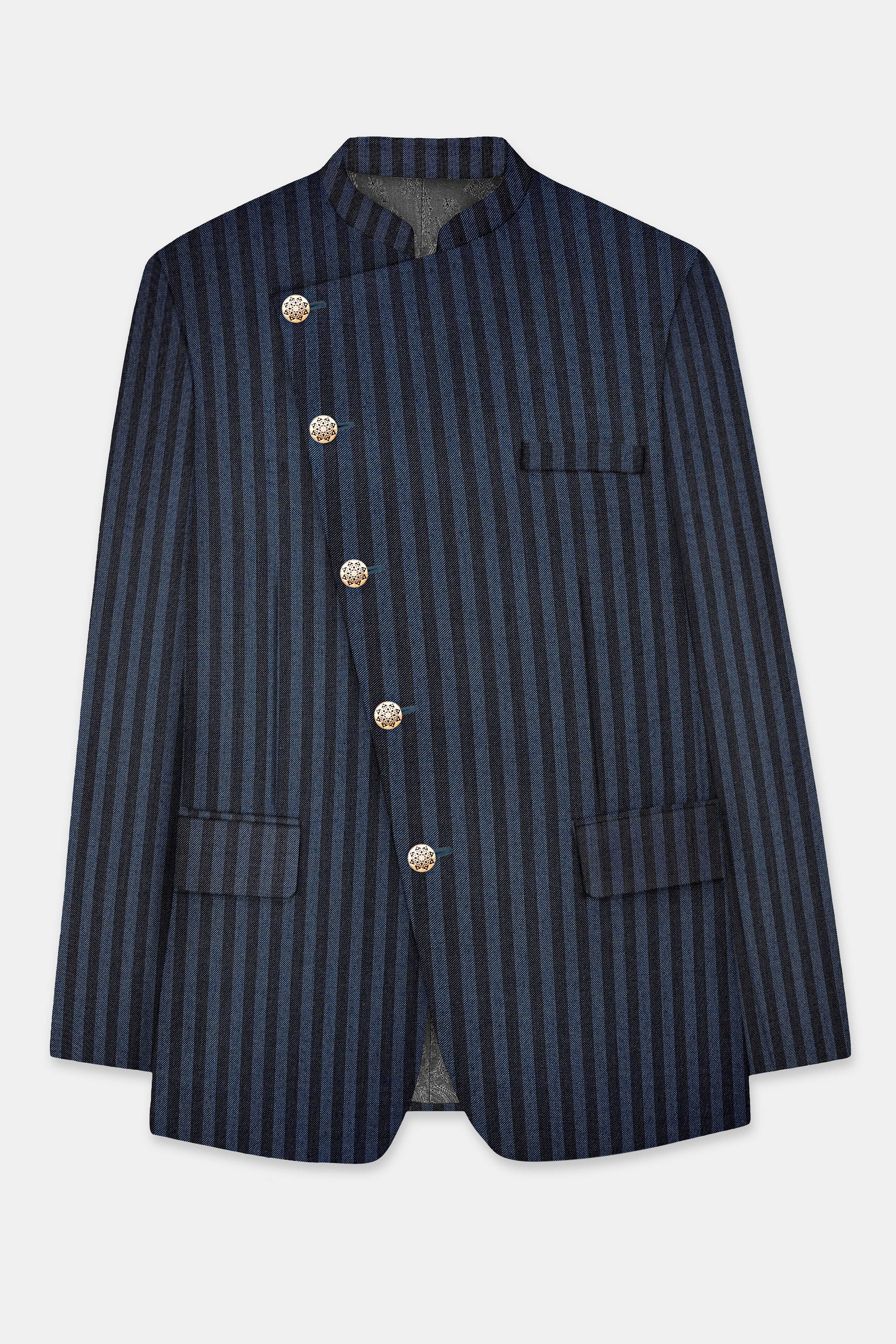 Tiber Blue And Jade Black Striped Wool Blend Cross Placket Bandhgala Blazer