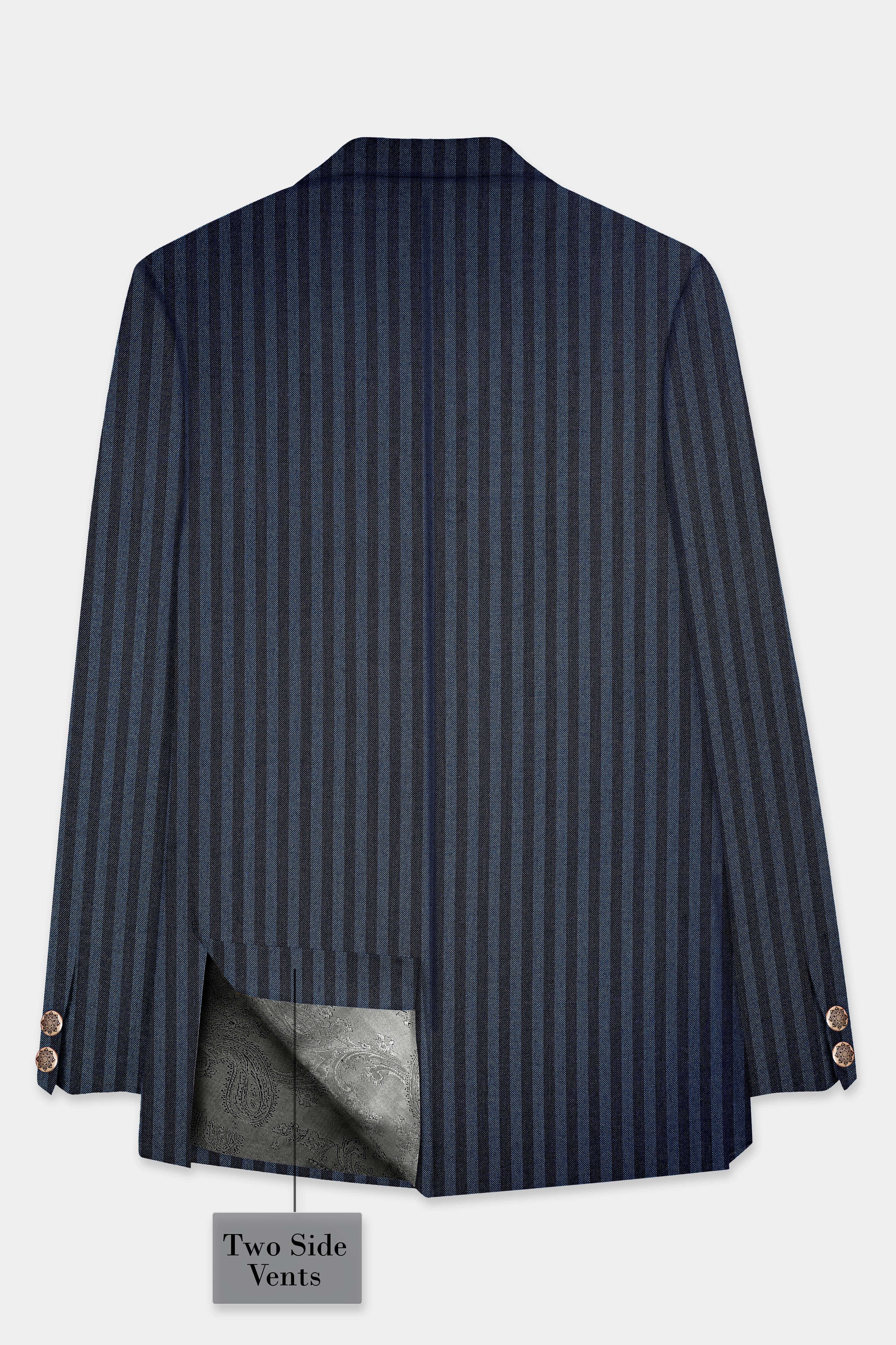 Tiber Blue And Jade Black Striped Wool Blend Cross Placket Bandhgala Blazer