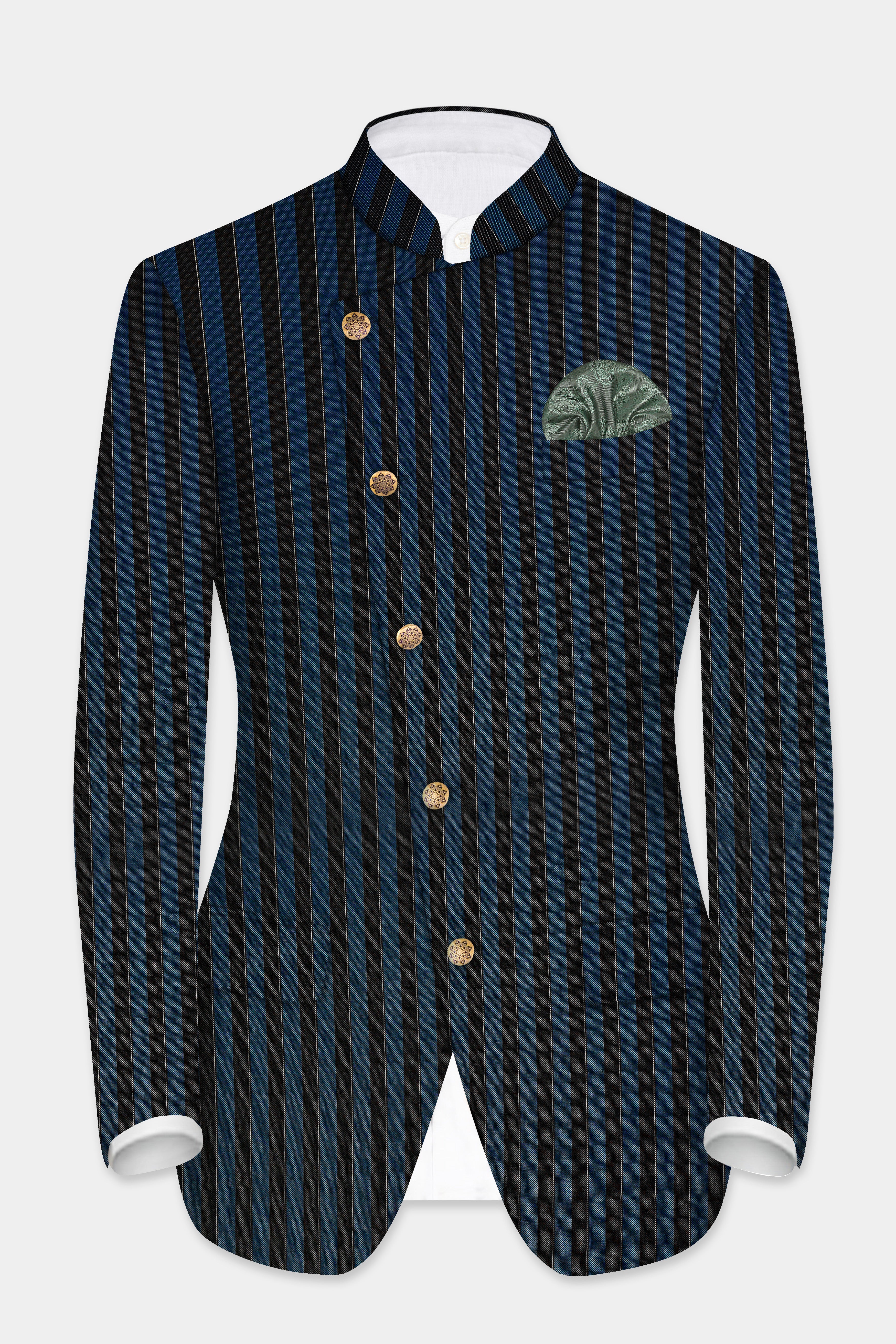 Daintree Blue And Jade Black Striped Wool Blend Cross Placket Bandhgala Blazer