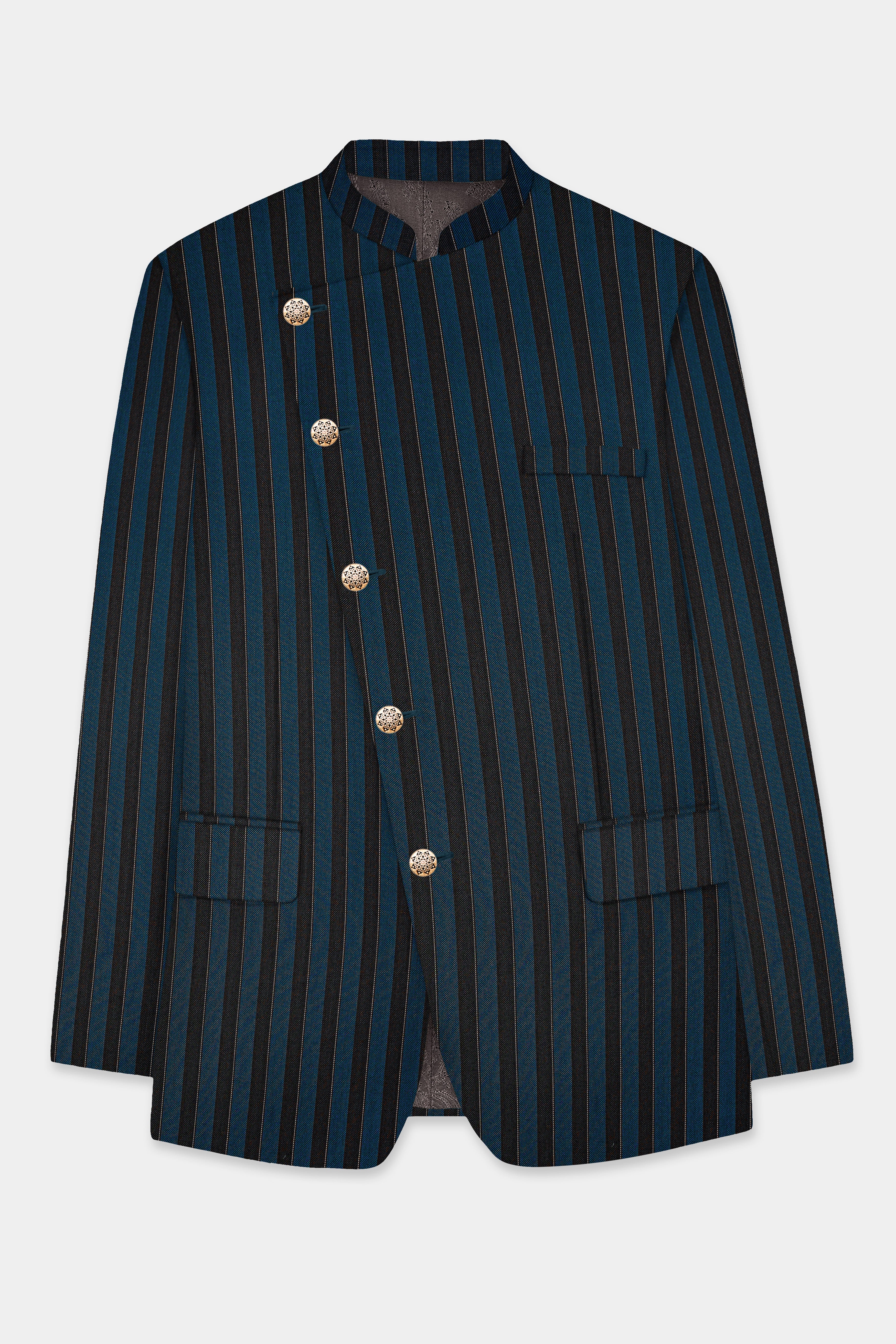 Daintree Blue And Jade Black Striped Wool Blend Cross Placket Bandhgala Blazer