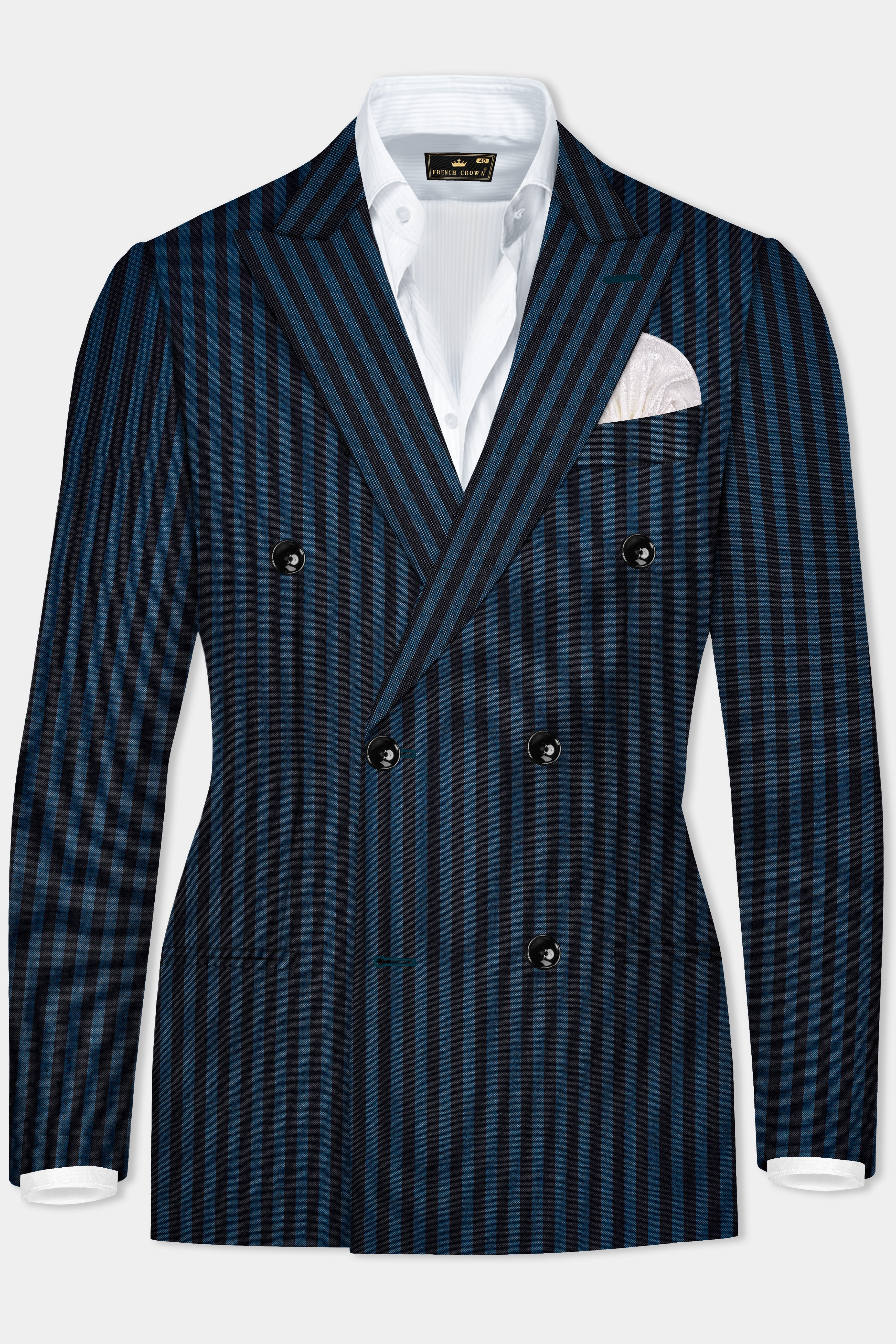 Tiber Blue And Jade Black Striped Wool Blend Double Breasted Blazer