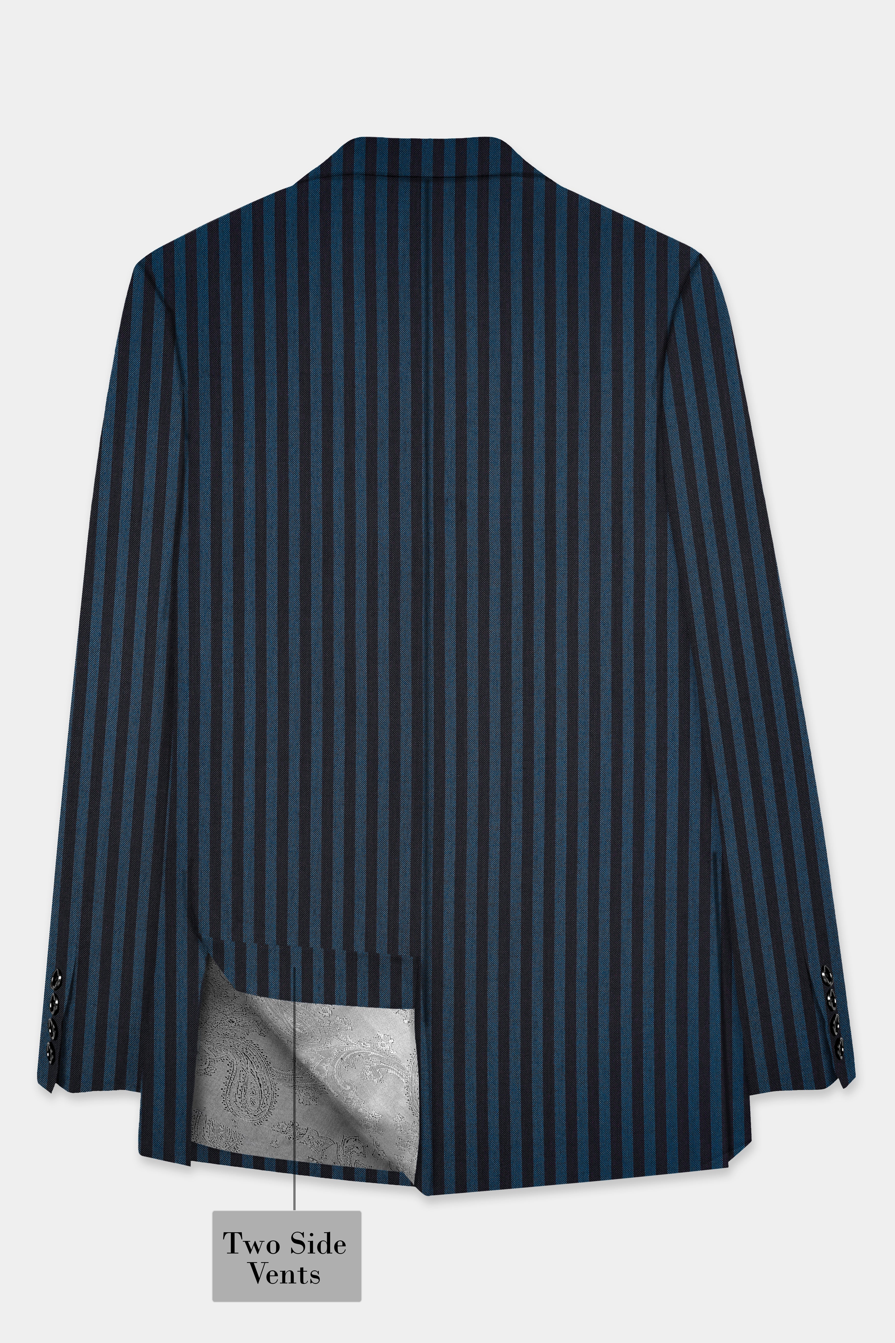 Tiber Blue And Jade Black Striped Wool Blend Double Breasted Blazer