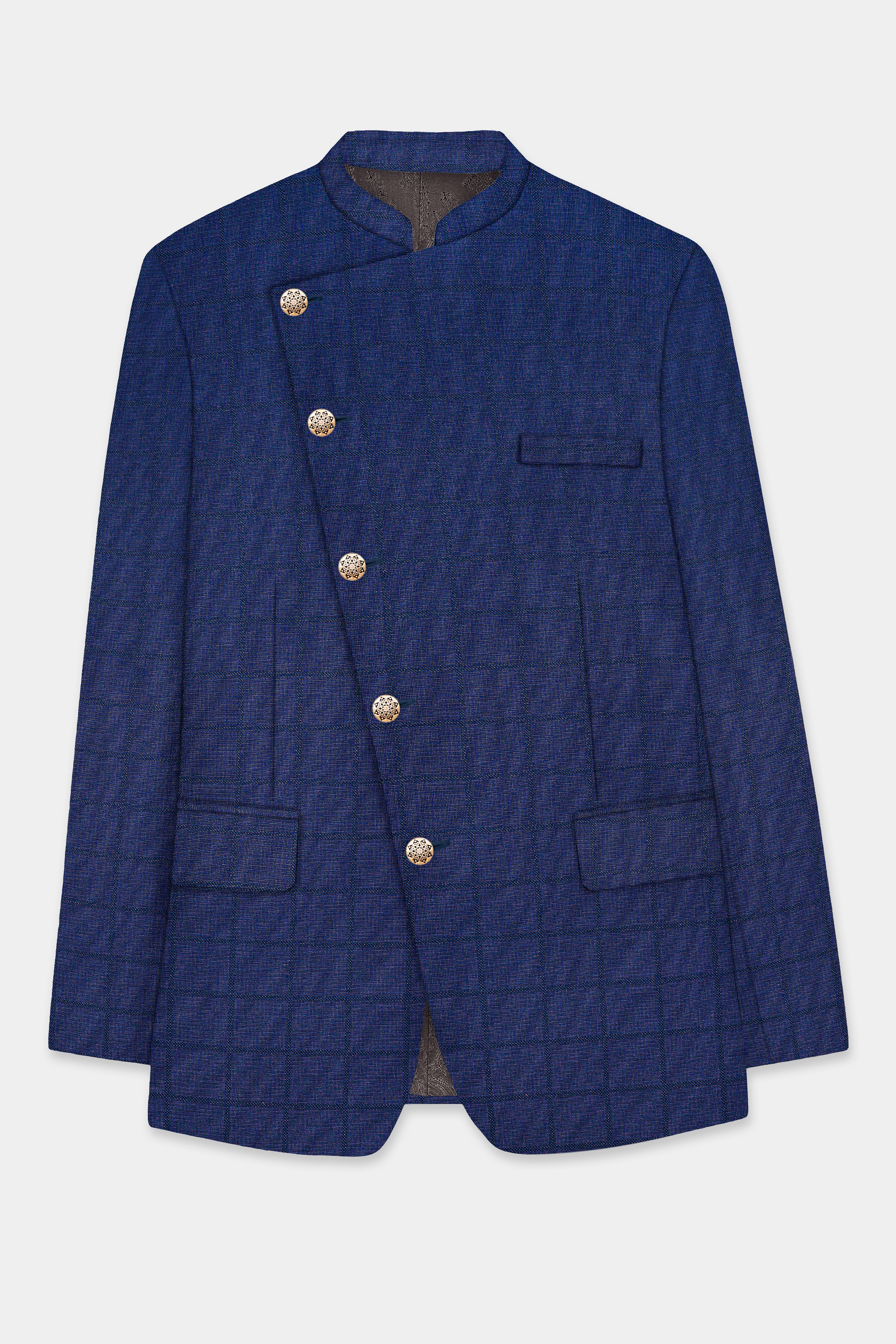 Tealish Blue Plaid Wool Rich Cross Placket Bandhgala Blazer