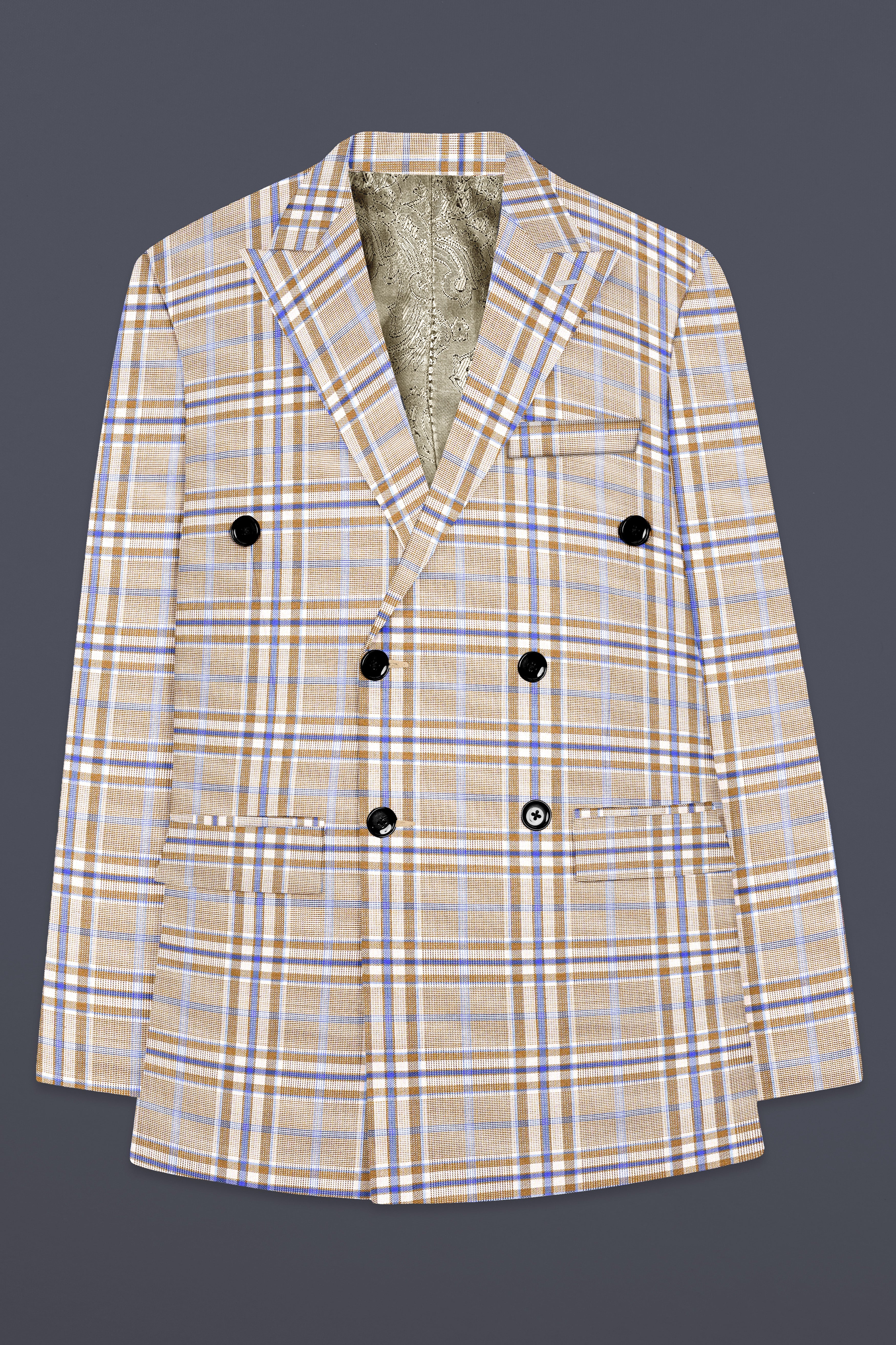 Orchid Cream And Wild Blue Plaid Wool Rich Double Breasted Blazer