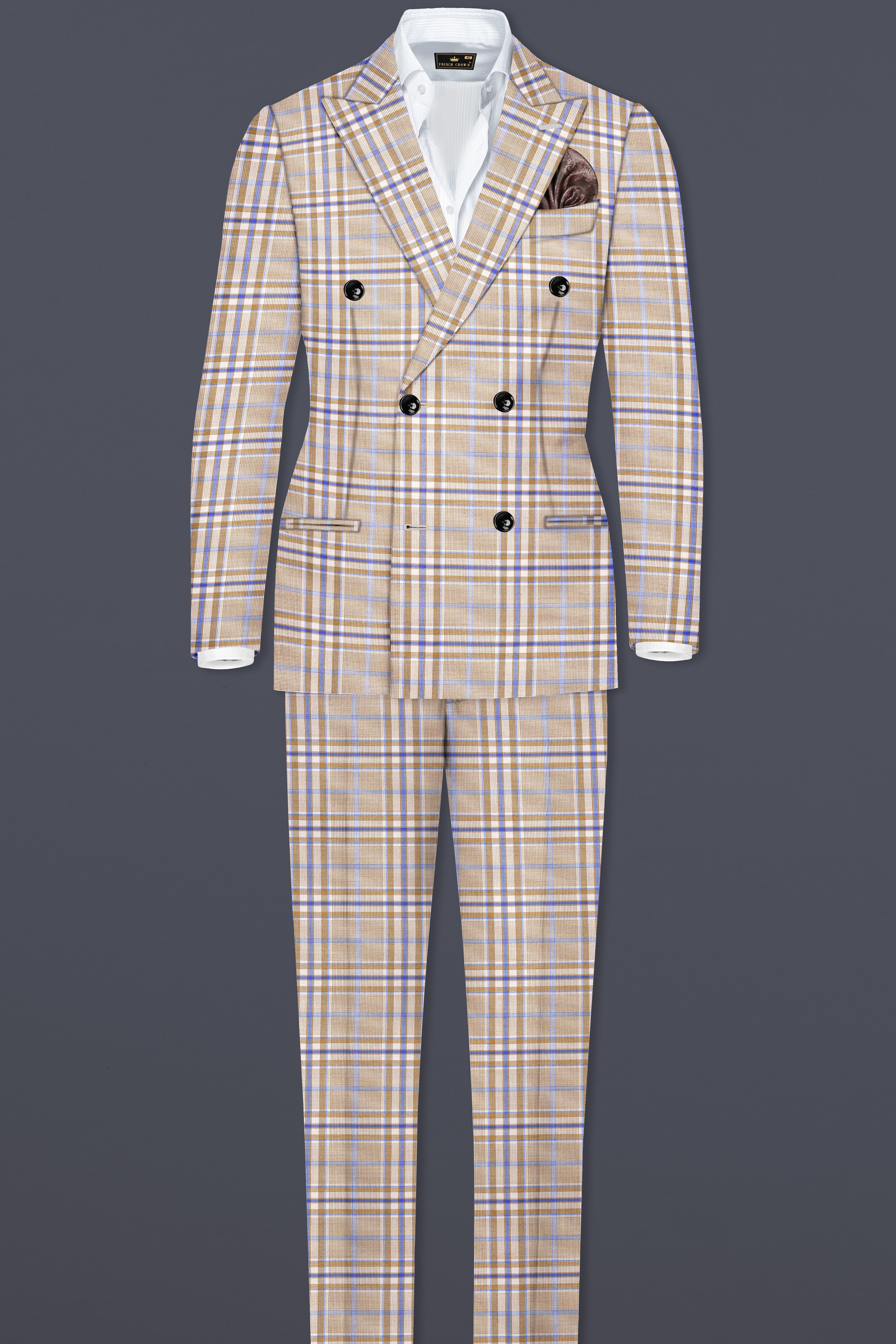 Orchid Cream And Wild Blue Plaid Wool Rich Double Breasted Blazer