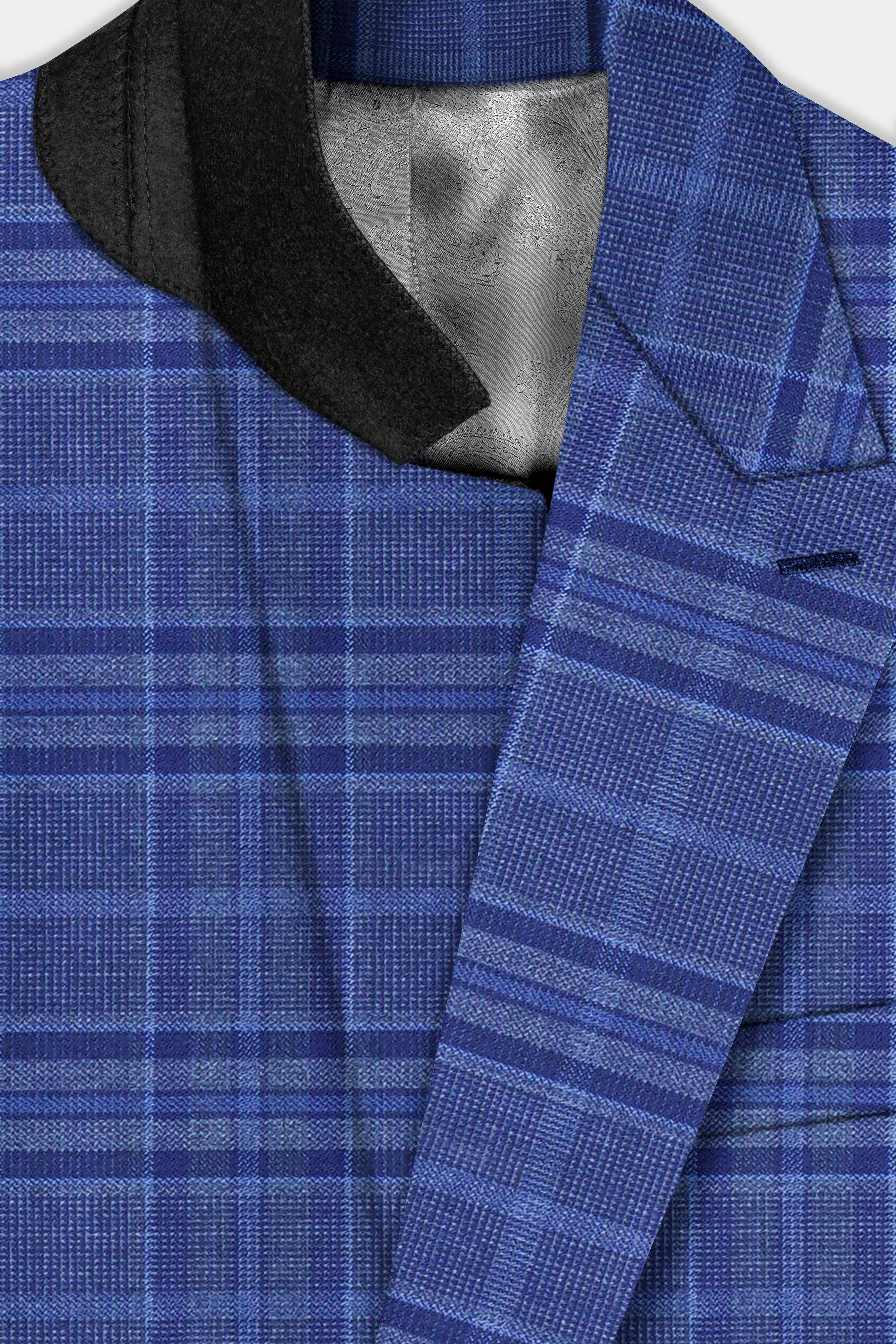 Chambray Blue Plaid Wool Rich Double Breasted Blazer