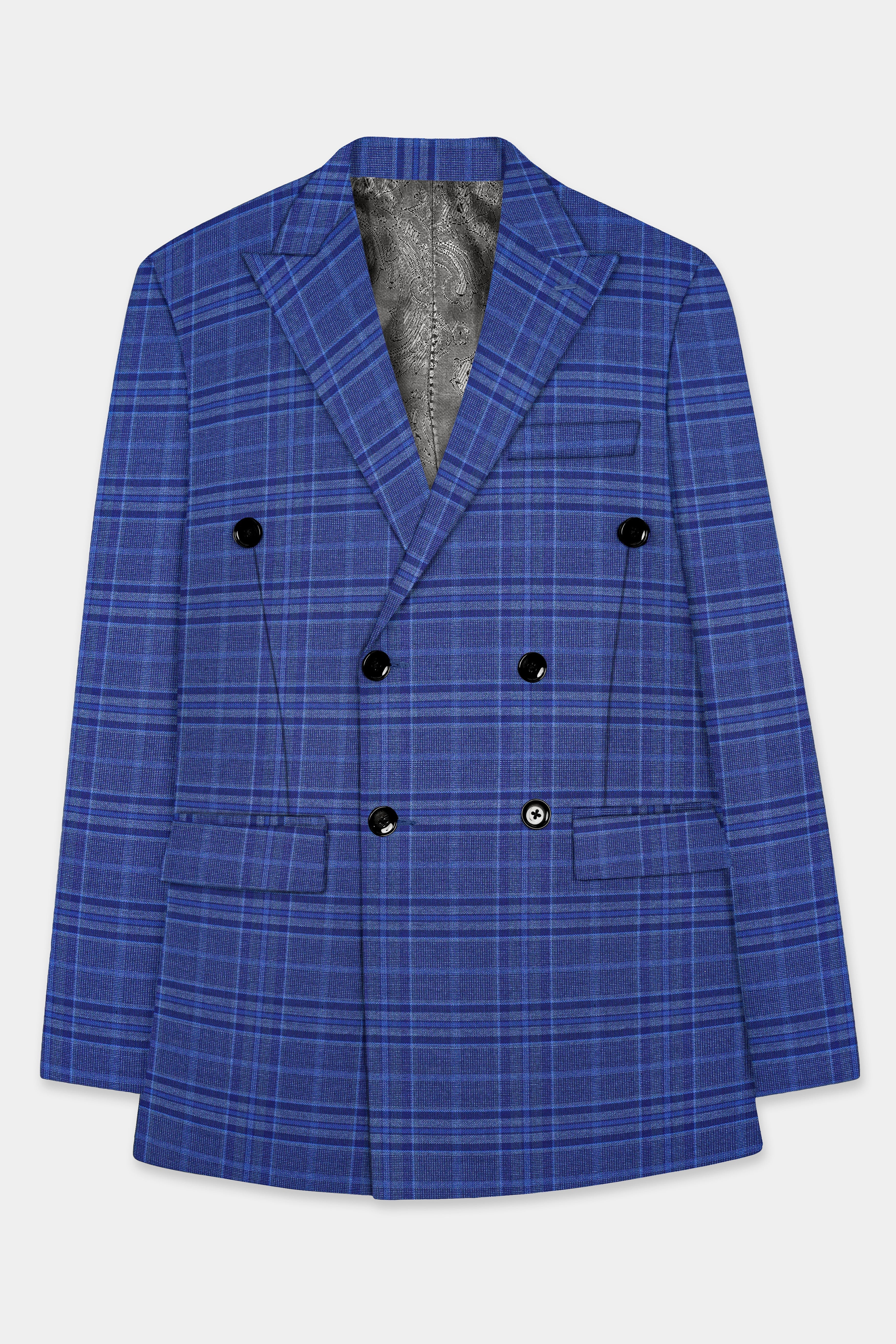 Chambray Blue Plaid Wool Rich Double Breasted Blazer