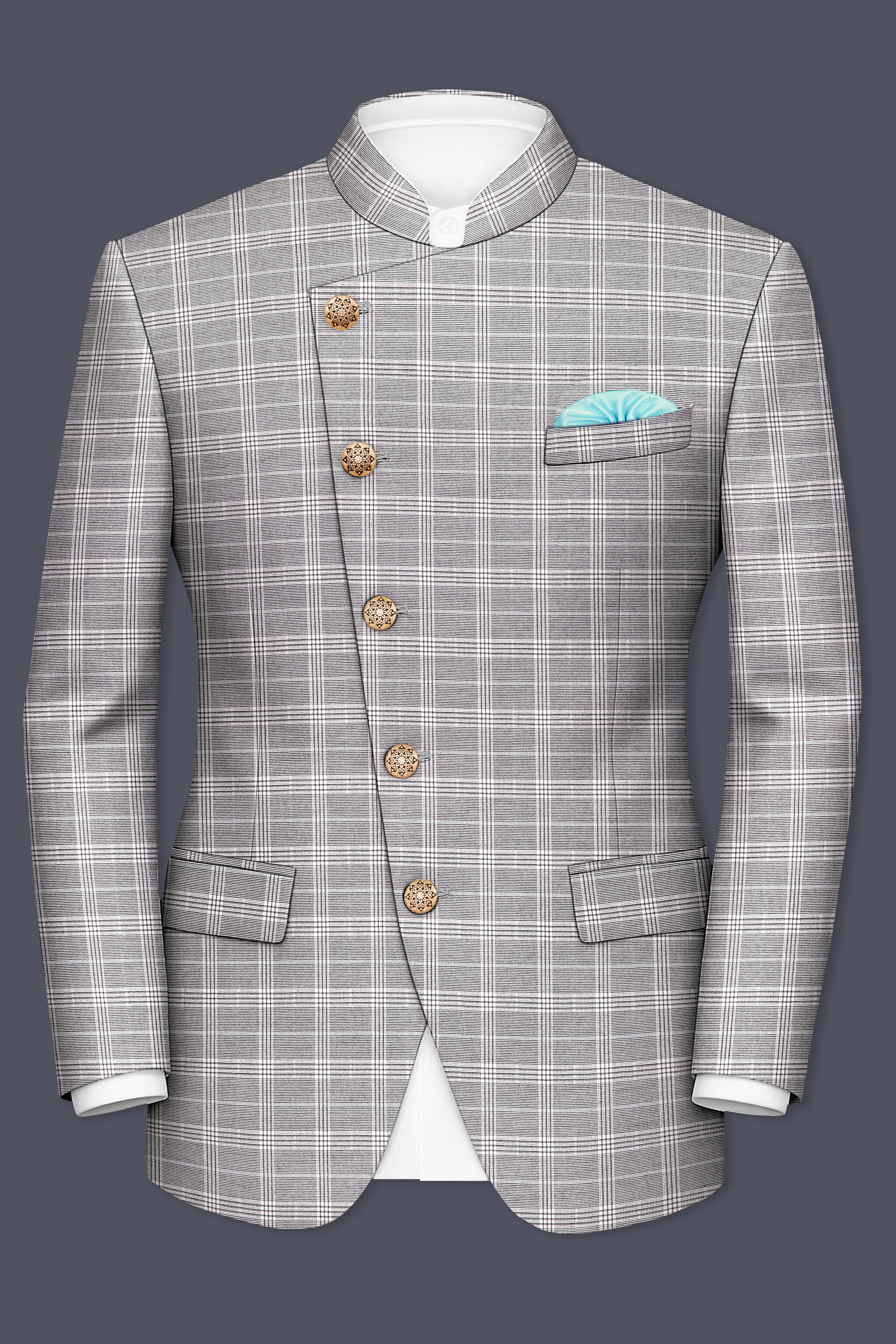 Monsoon Gray Plaid Wool Rich Cross Placket Bandhgala Blazer