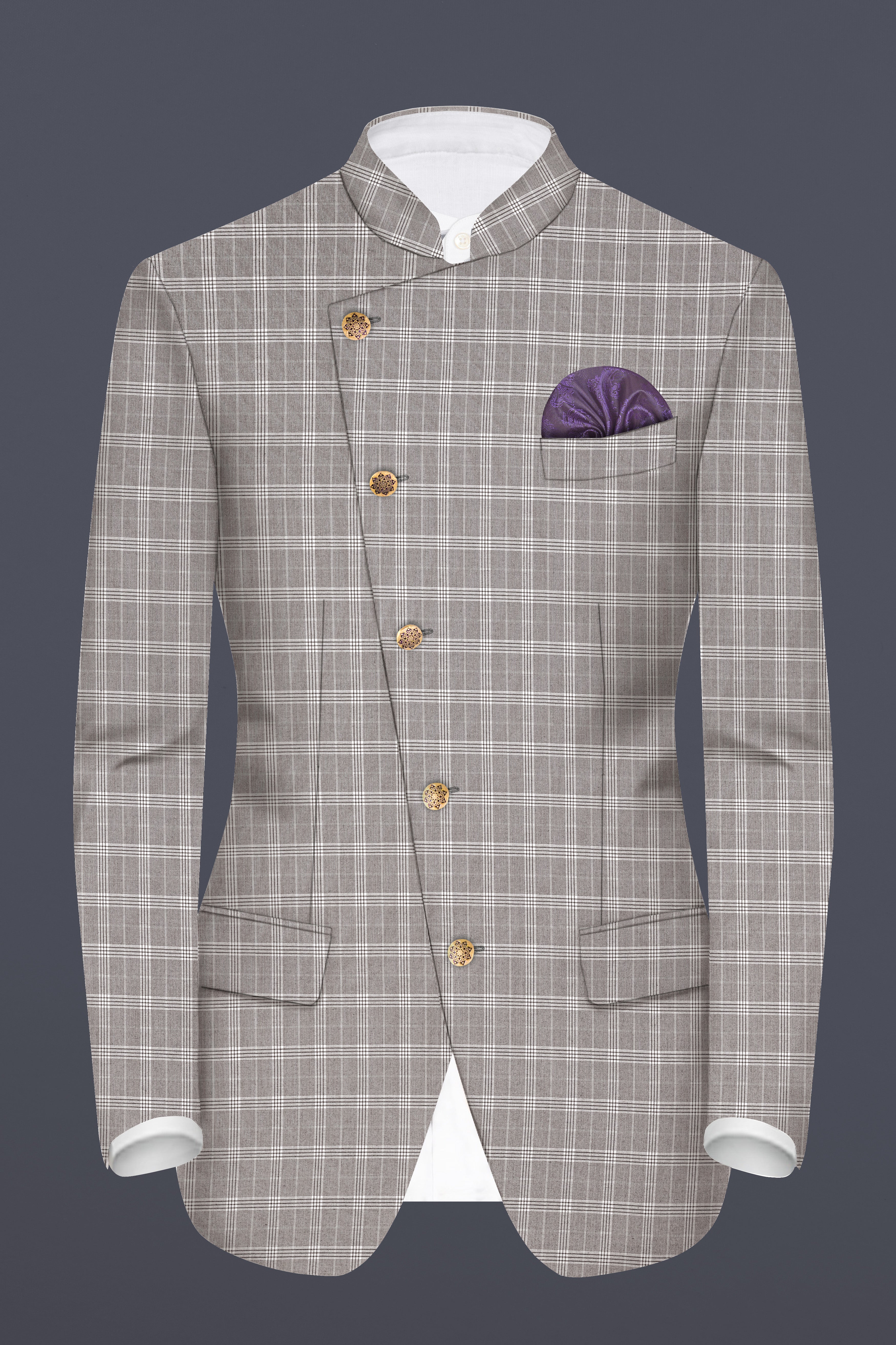 Monsoon Gray Plaid Wool Rich Cross Placket Bandhgala Blazer