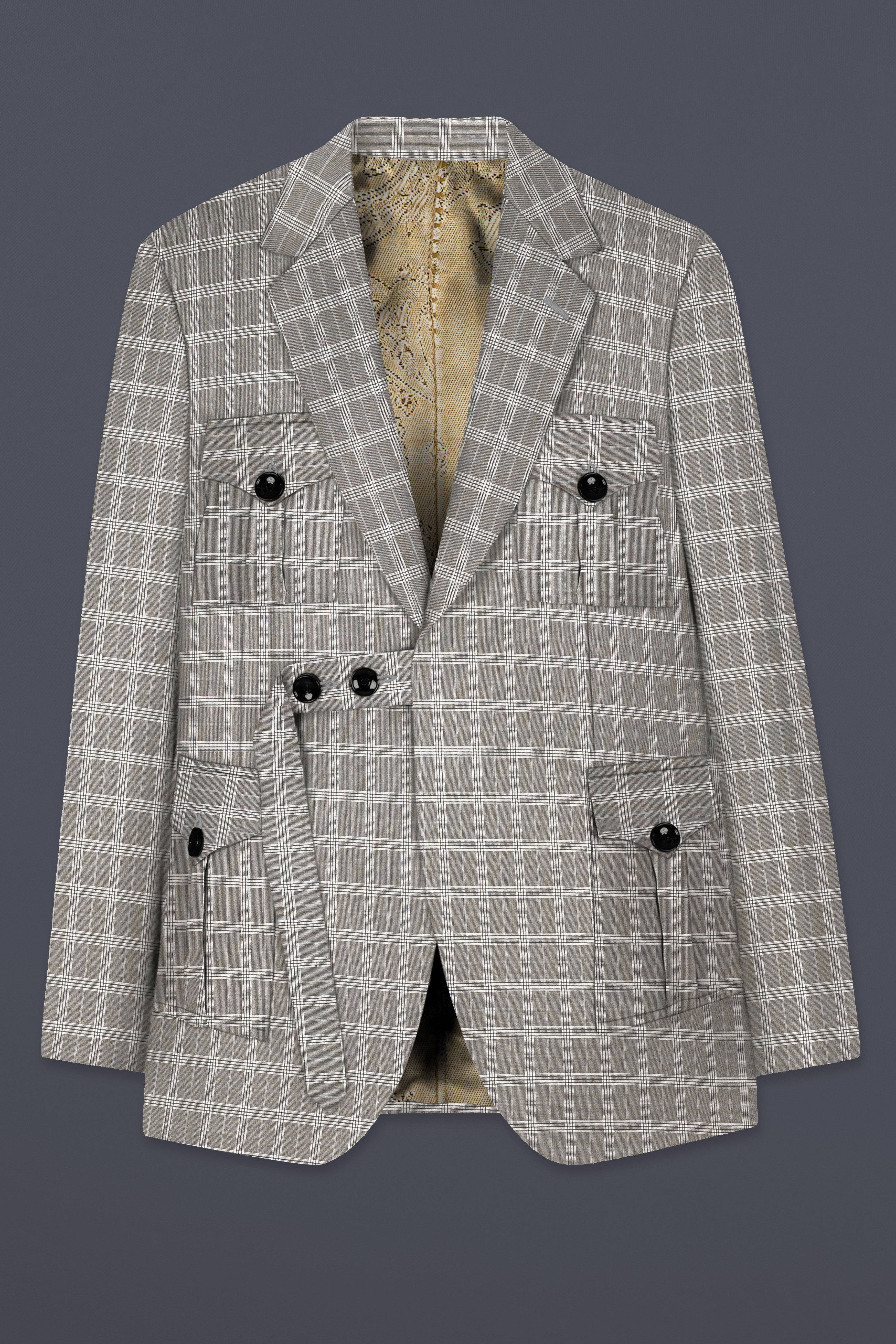 Venus Gray Plaid Wool Rich Belt Closure Designer Blazer