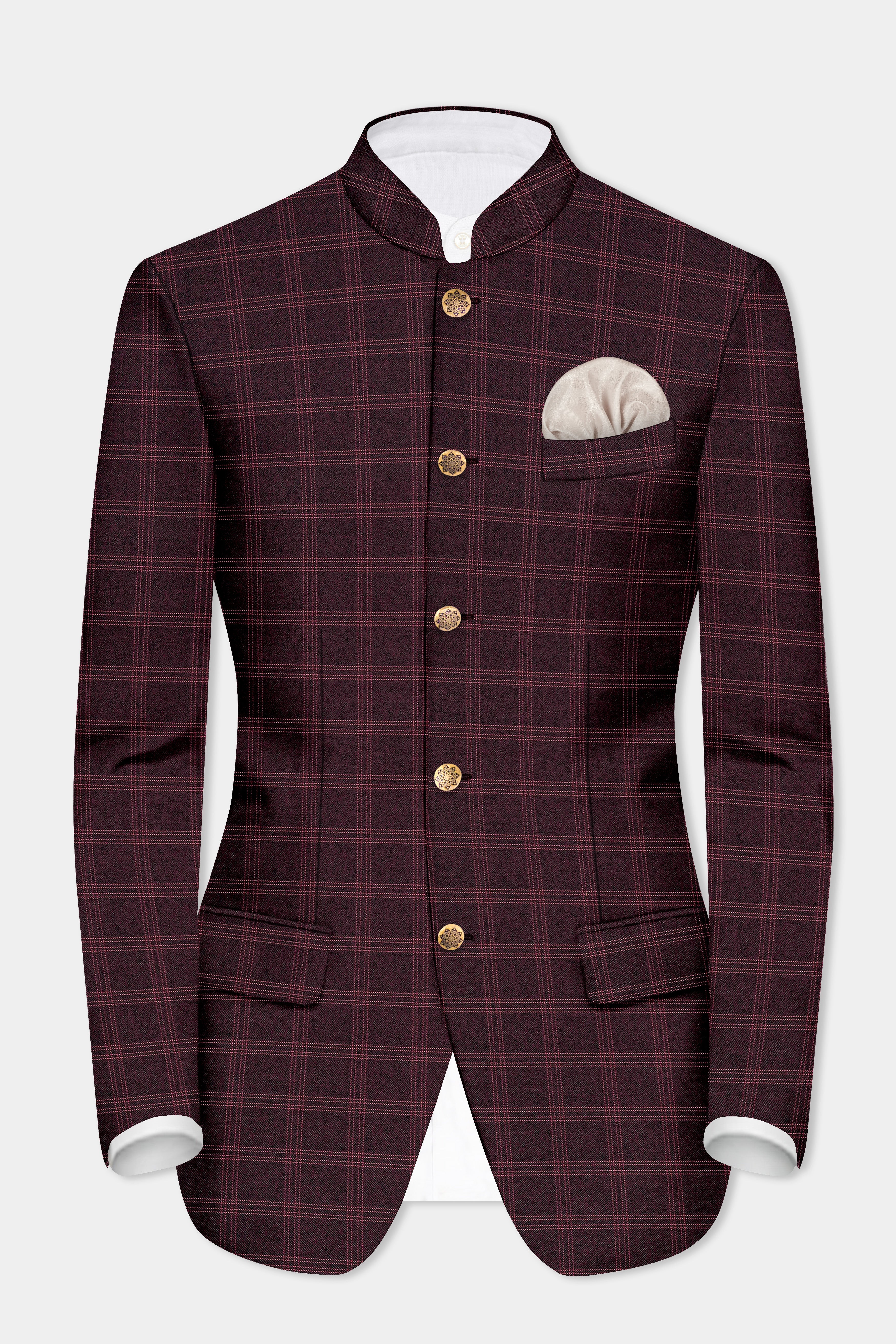 Russett Maroon Plaid Wool Rich Bandhgala Blazer