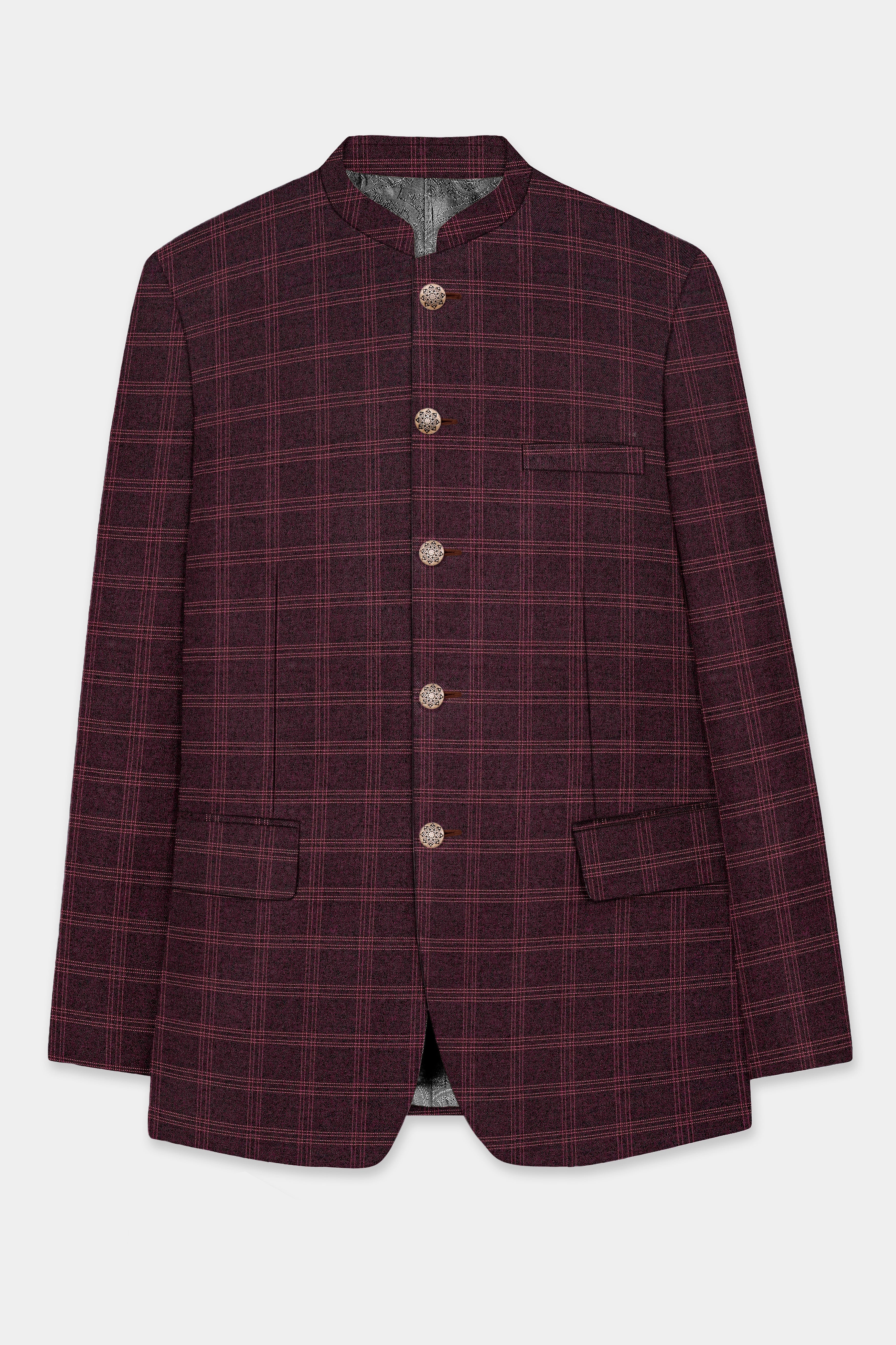 Russett Maroon Plaid Wool Rich Bandhgala Blazer