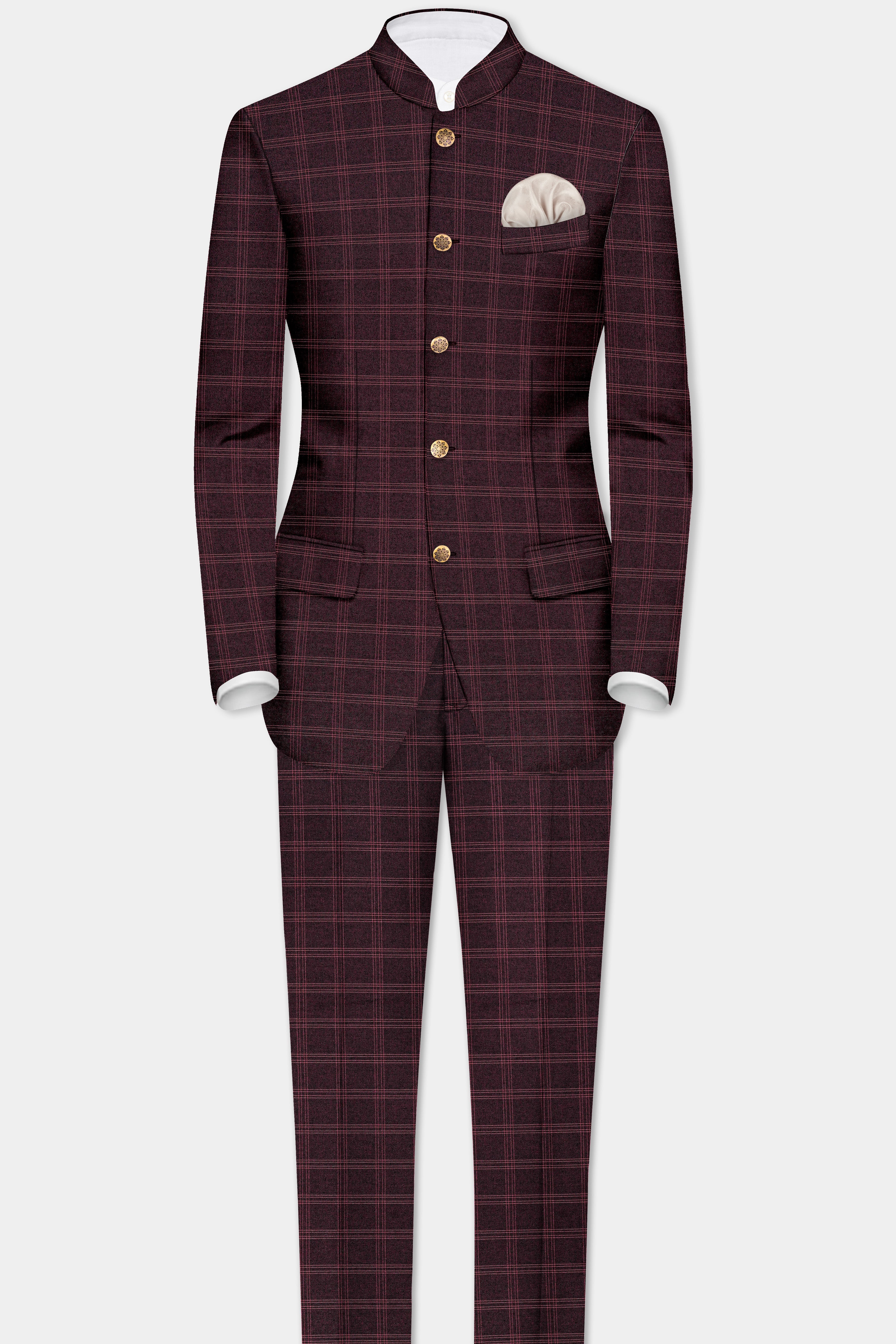 Russett Maroon Plaid Wool Rich Bandhgala Blazer