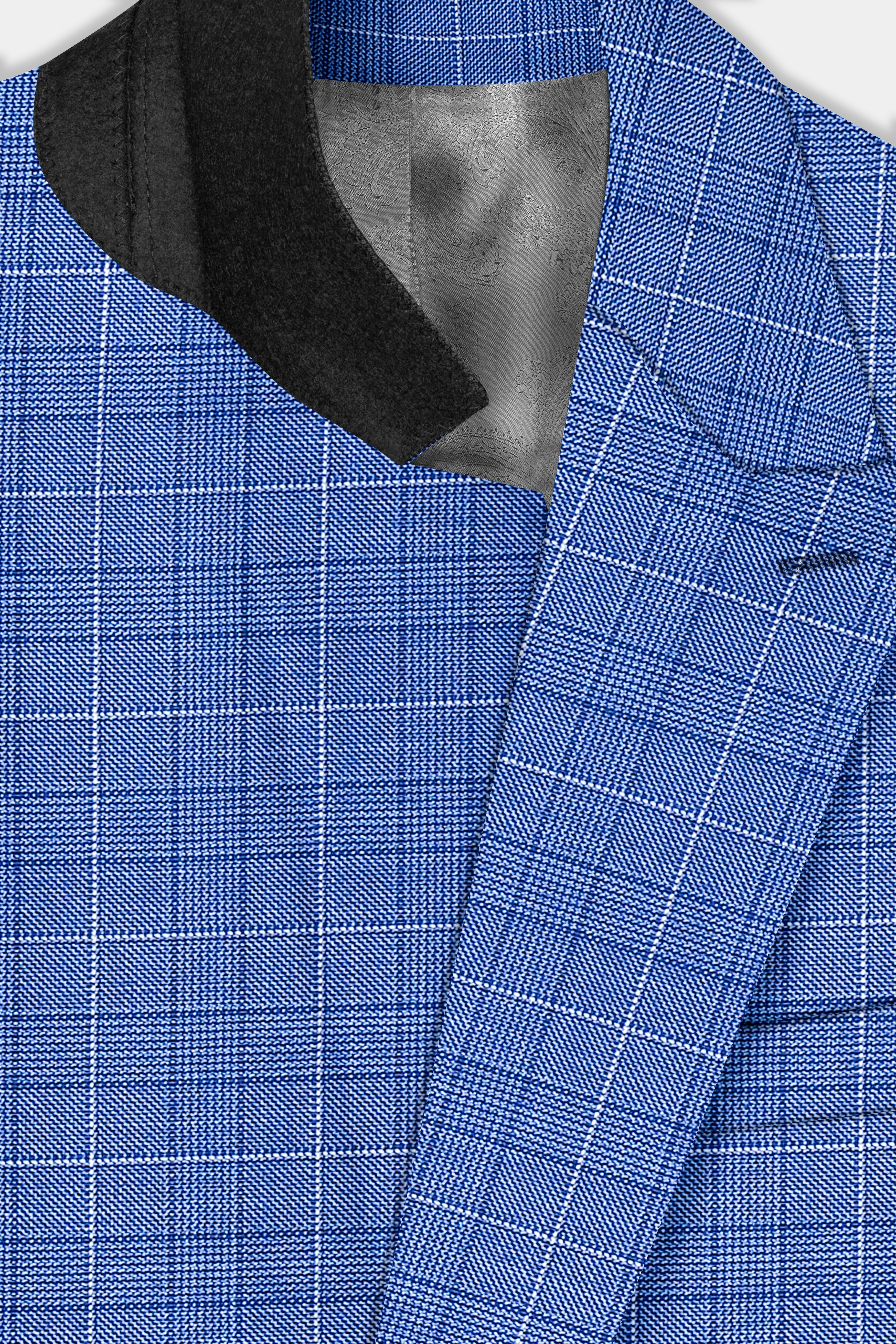 Indigo Blue Plaid Wool Rich Double Breasted Blazer