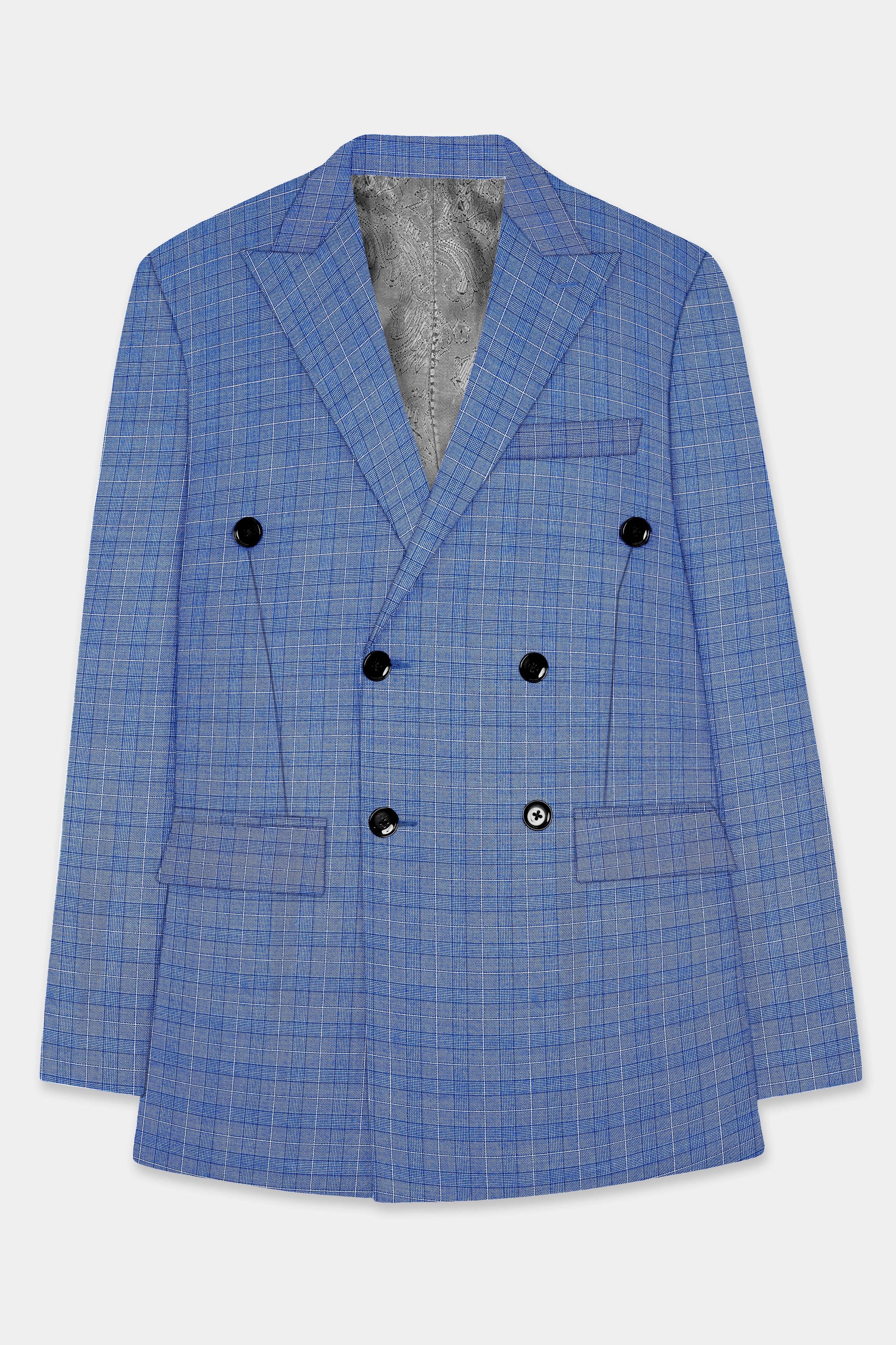 Indigo Blue Plaid Wool Rich Double Breasted Blazer