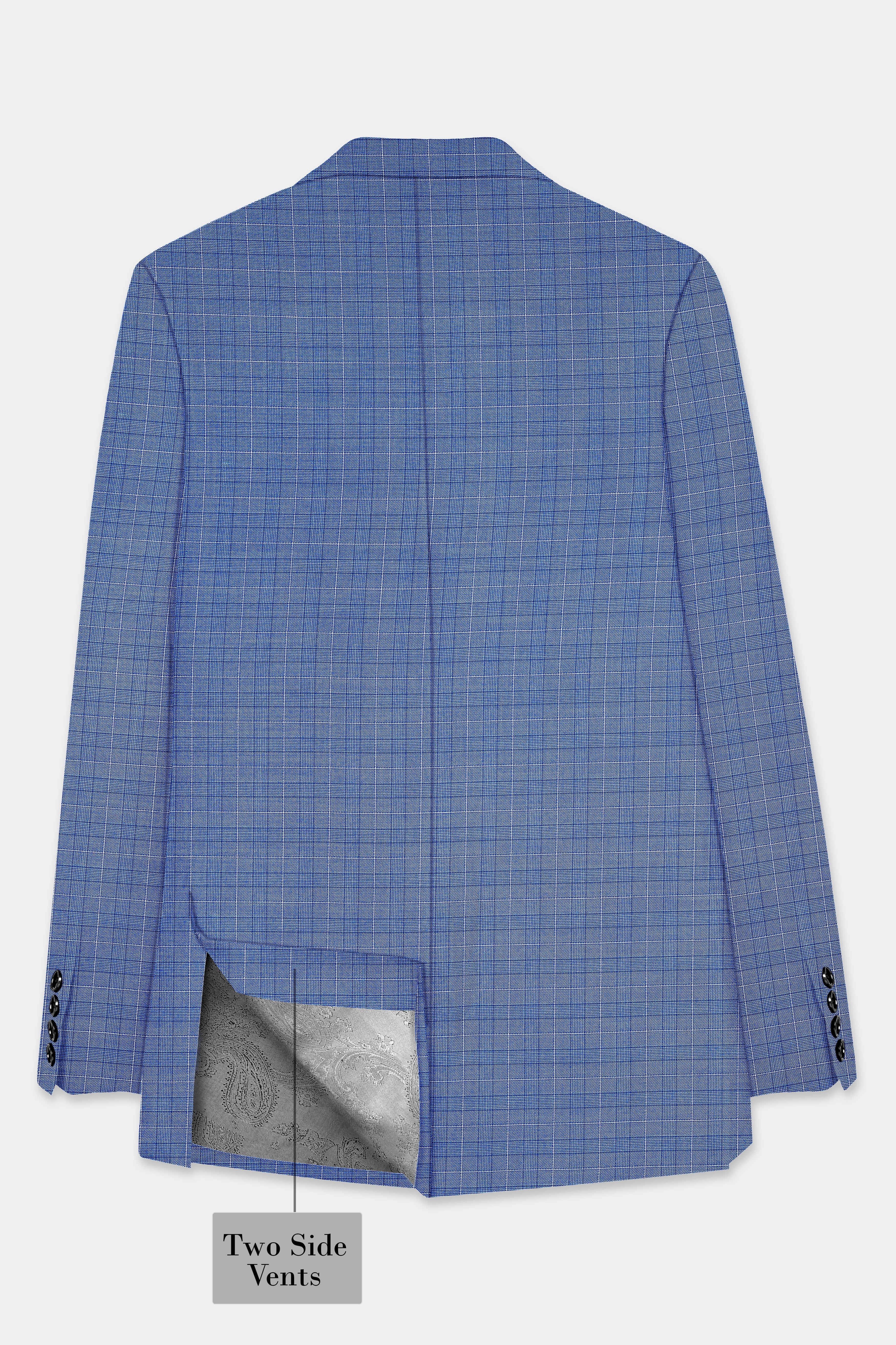 Indigo Blue Plaid Wool Rich Double Breasted Blazer