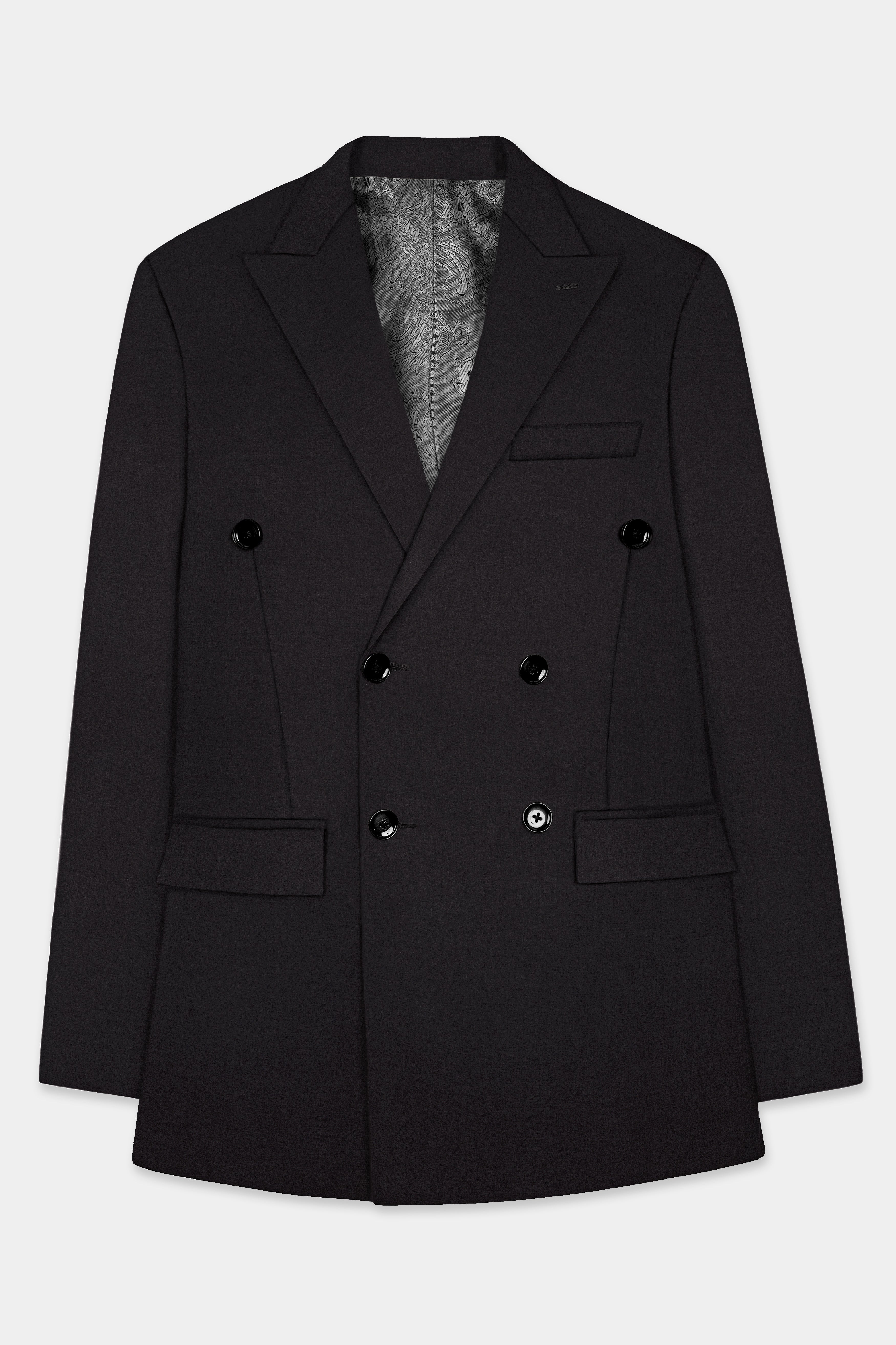 Zeus Black Solid Wool Rich Double Breasted Blazer