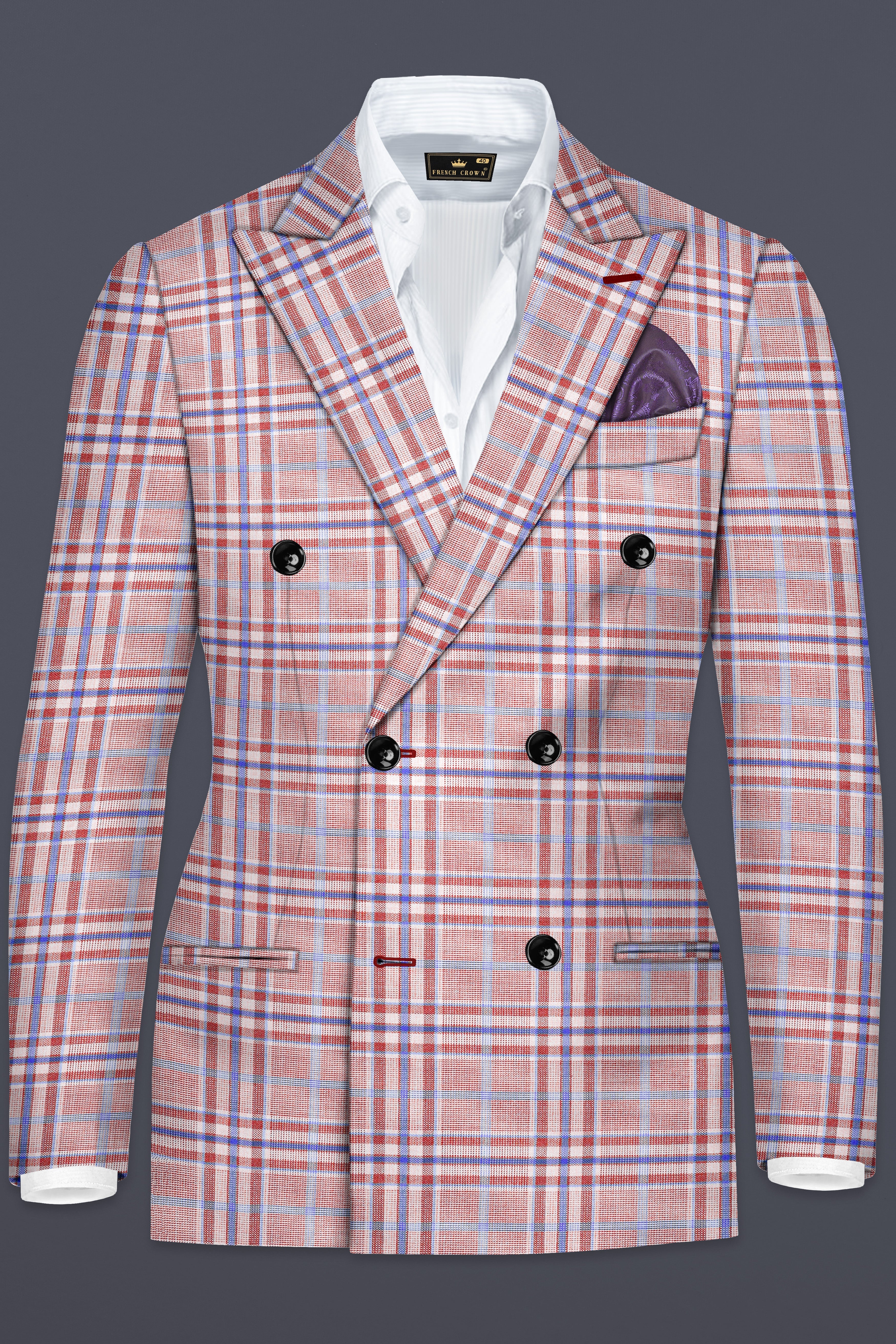 Turkish Rose Pink And Wild Blue Plaid Wool Rich Double Breasted Blazer