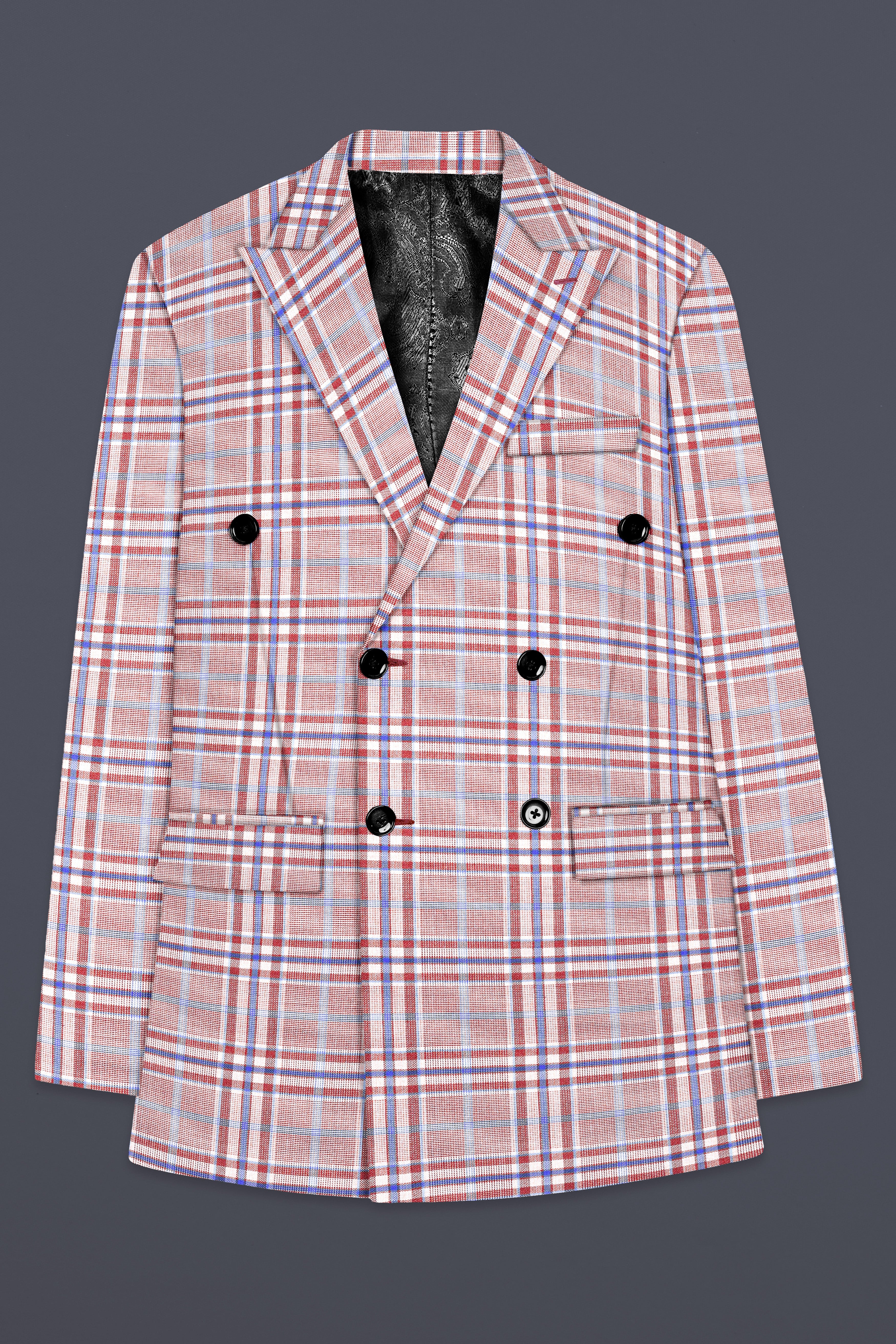 Turkish Rose Pink And Wild Blue Plaid Wool Rich Double Breasted Blazer