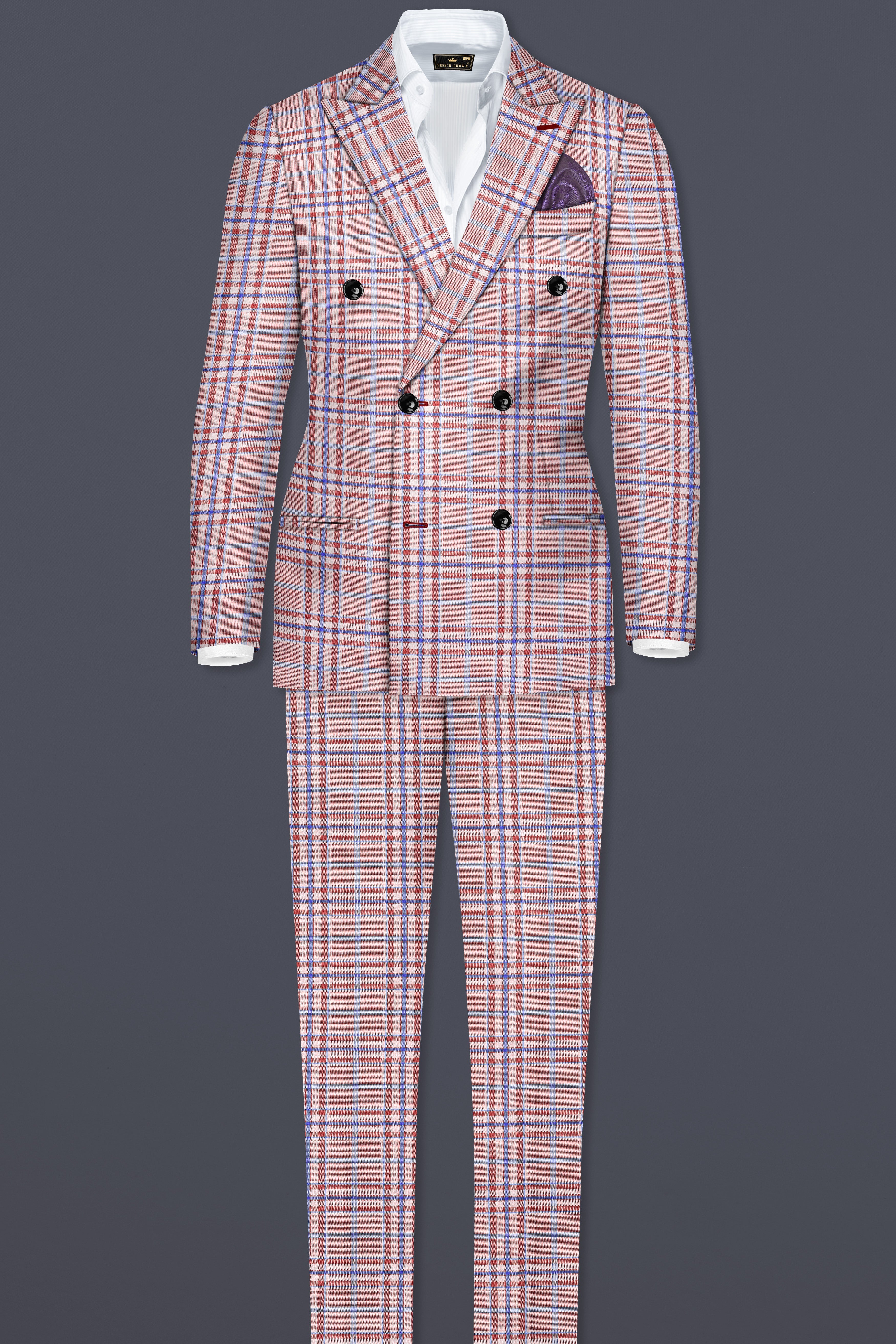 Turkish Rose Pink And Wild Blue Plaid Wool Rich Double Breasted Blazer