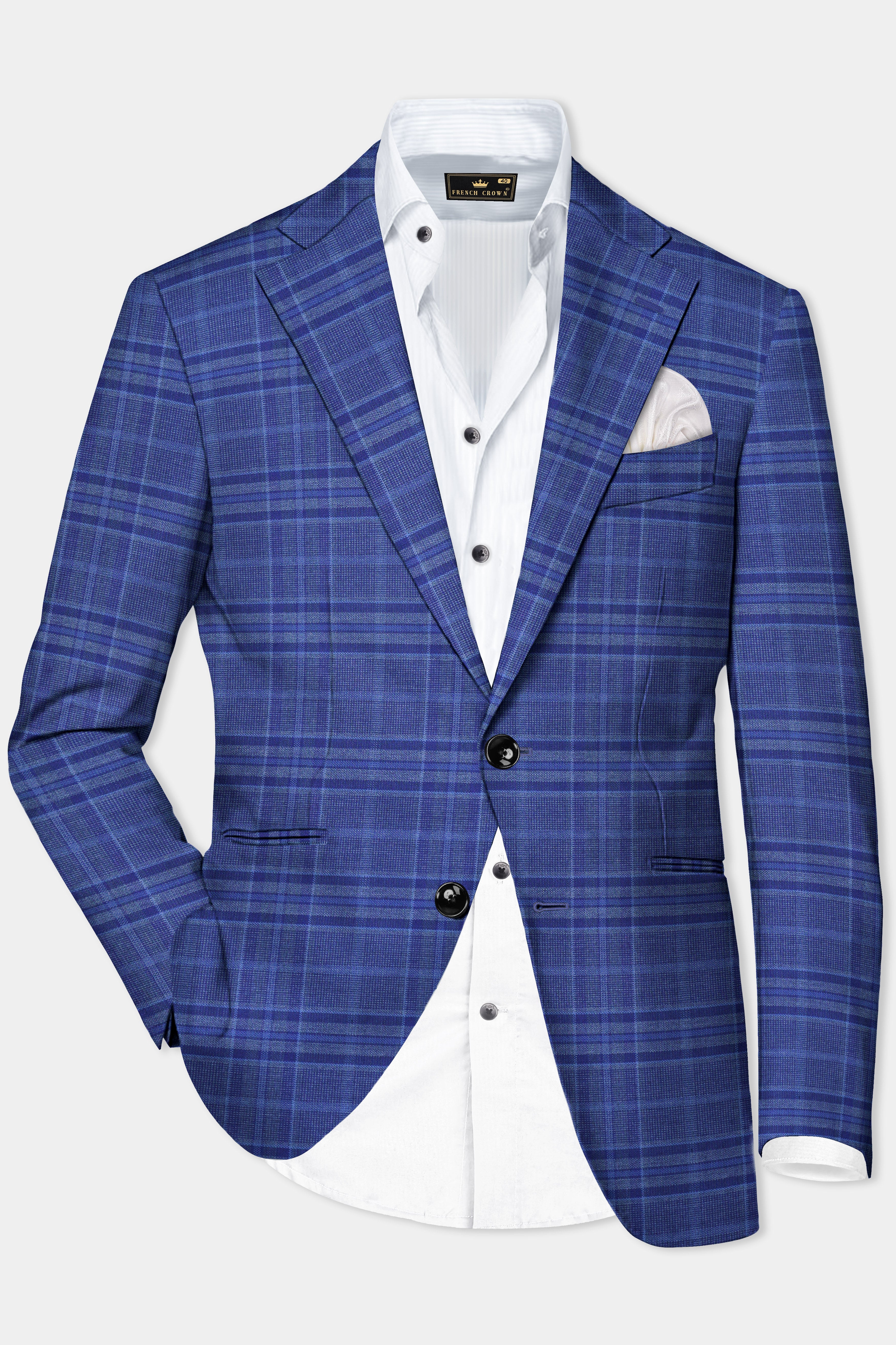 Chambray Blue Plaid Wool Rich Single Breasted Blazer