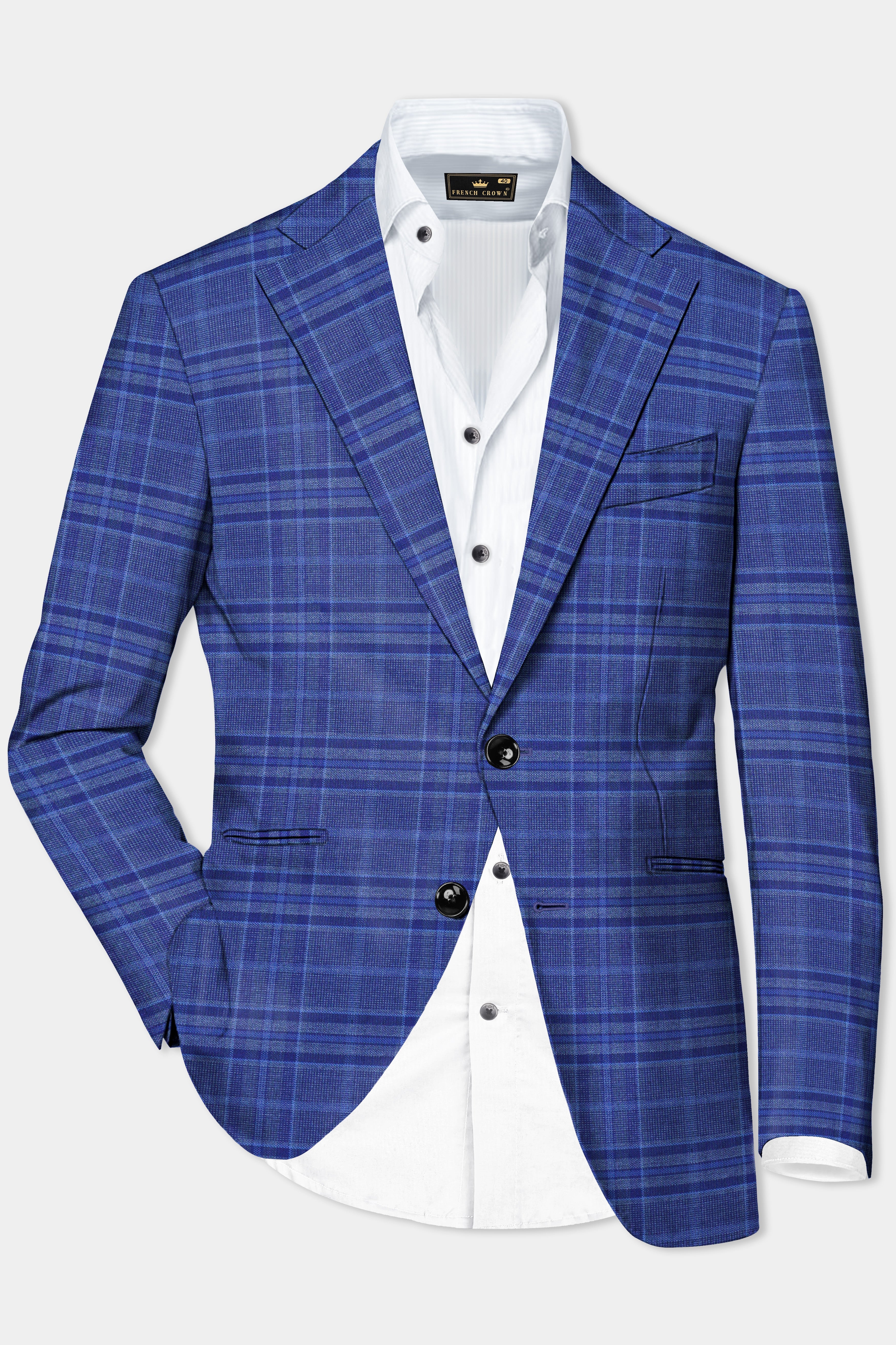 Chambray Blue Plaid Wool Rich Single Breasted Blazer