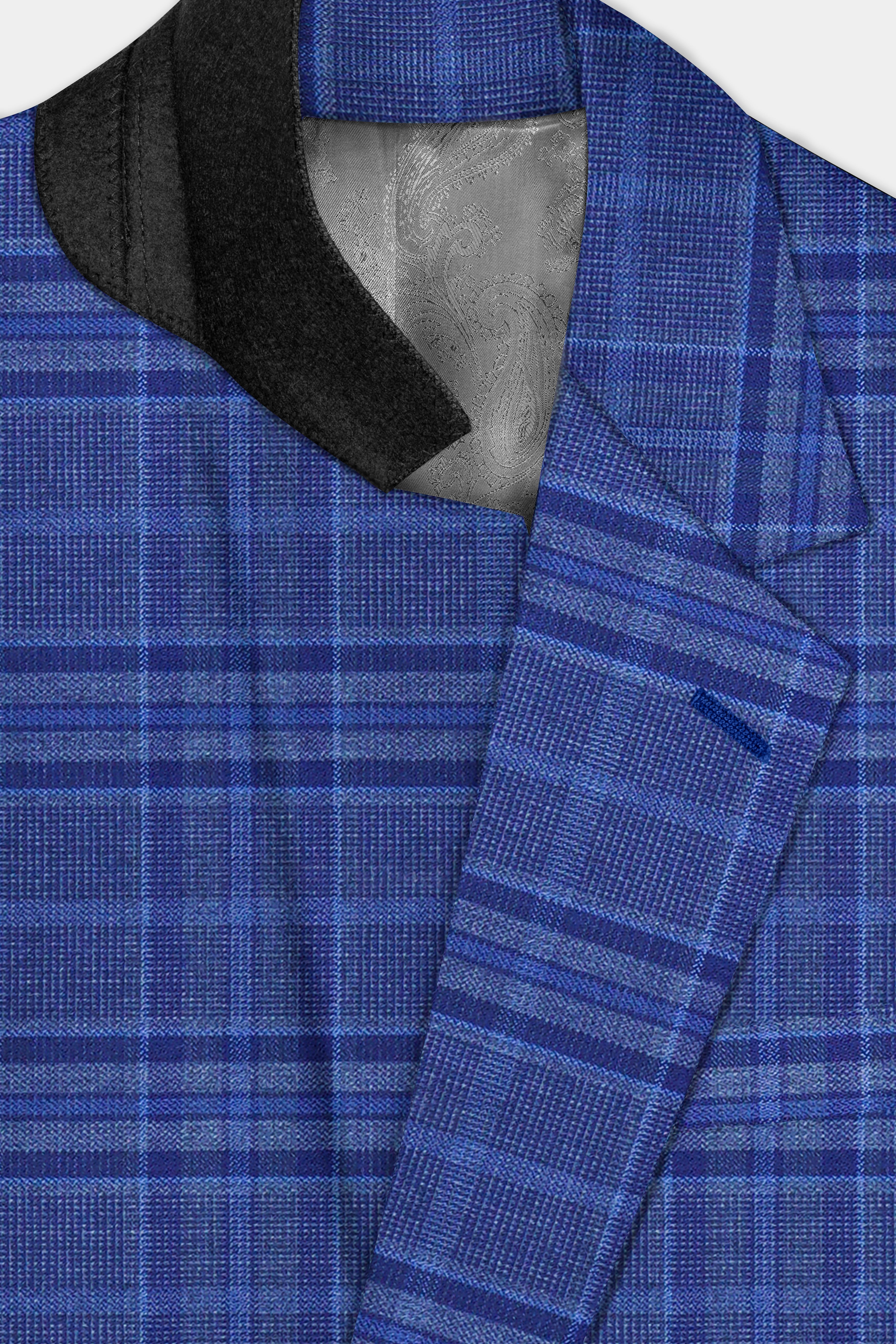 Chambray Blue Plaid Wool Rich Single Breasted Blazer