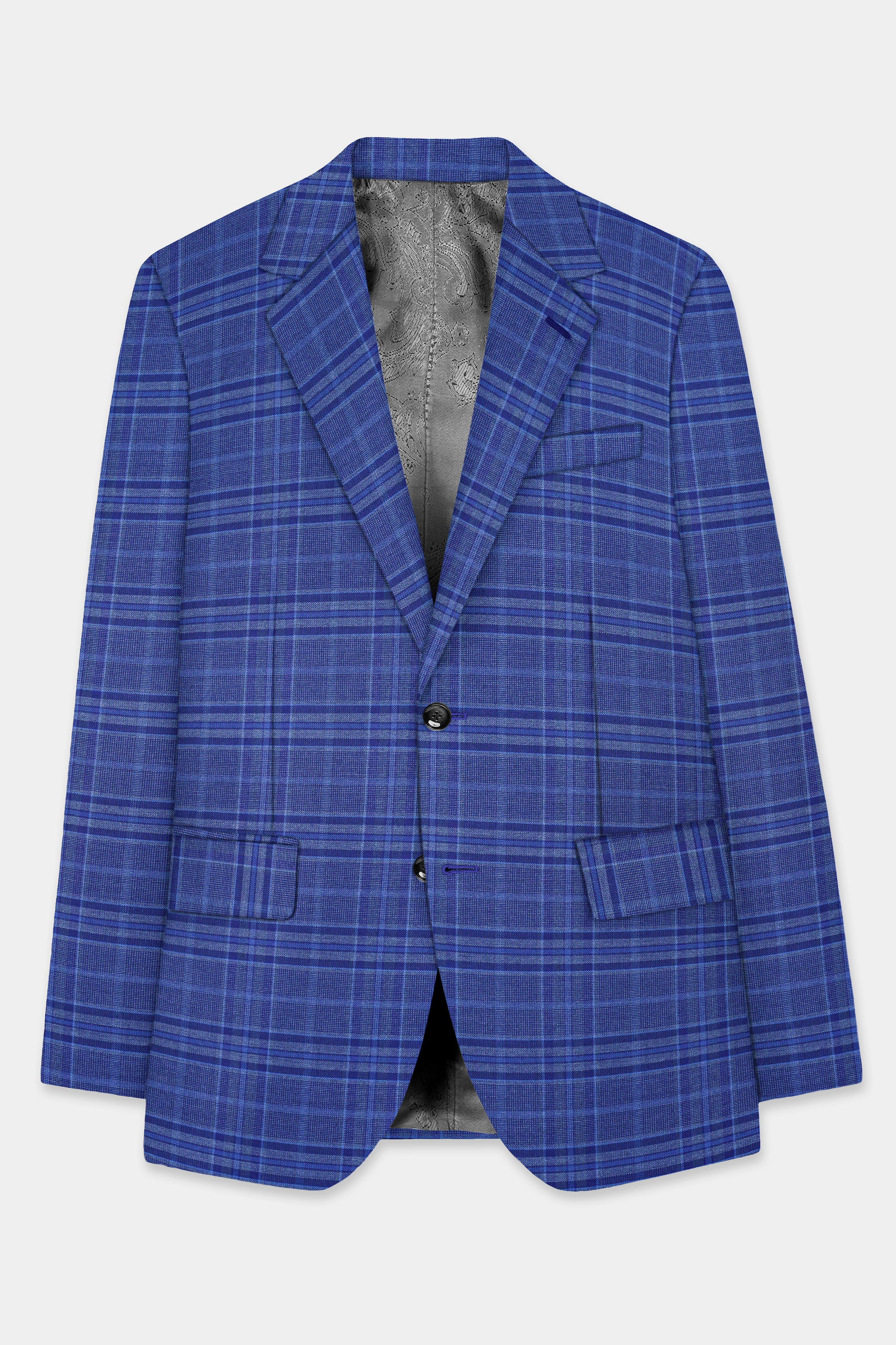 Chambray Blue Plaid Wool Rich Single Breasted Blazer