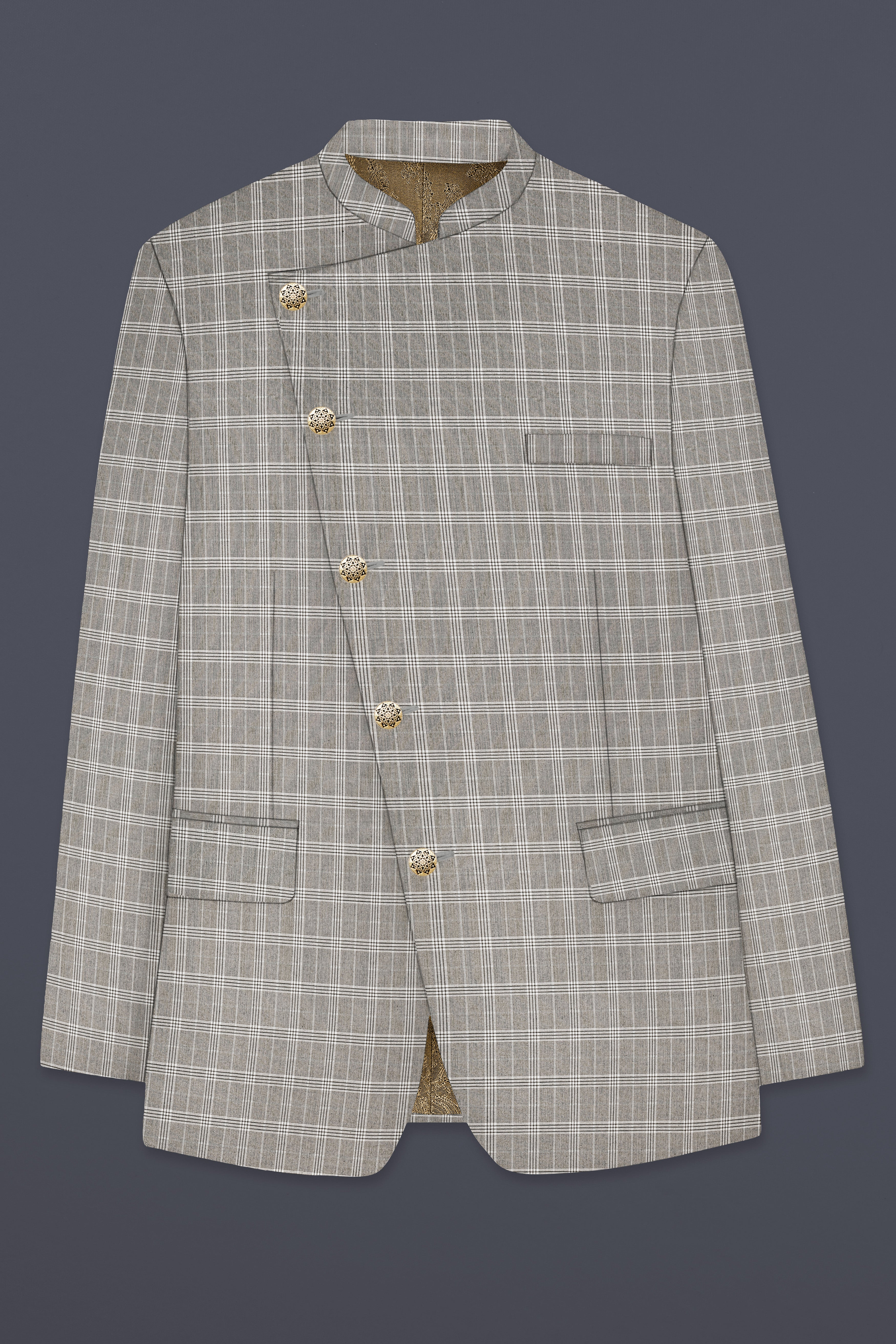 Venus Gray Plaid Wool Rich Cross Placket Bandhgala Blazer