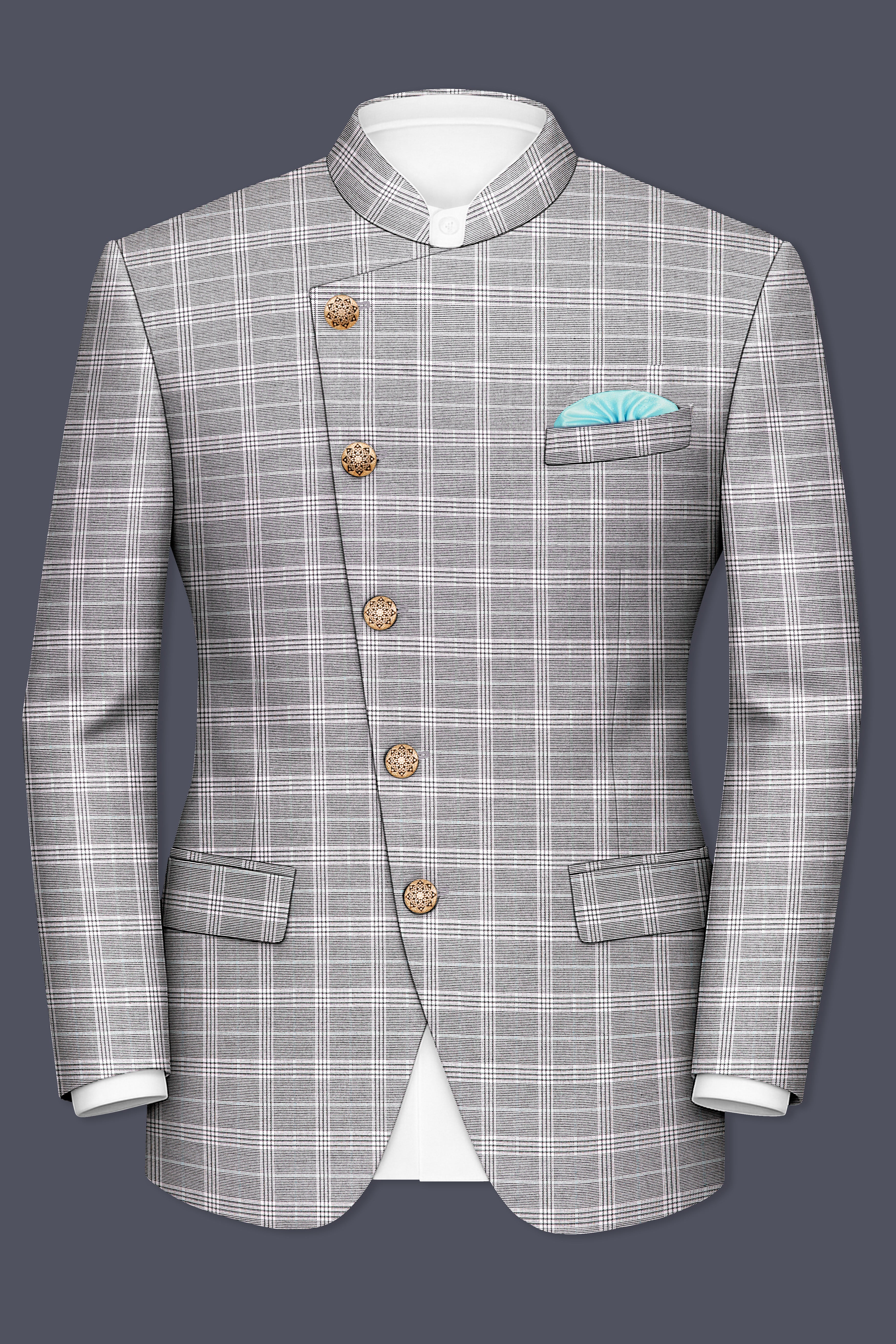 Venus Gray Plaid Wool Rich Cross Placket Bandhgala Blazer