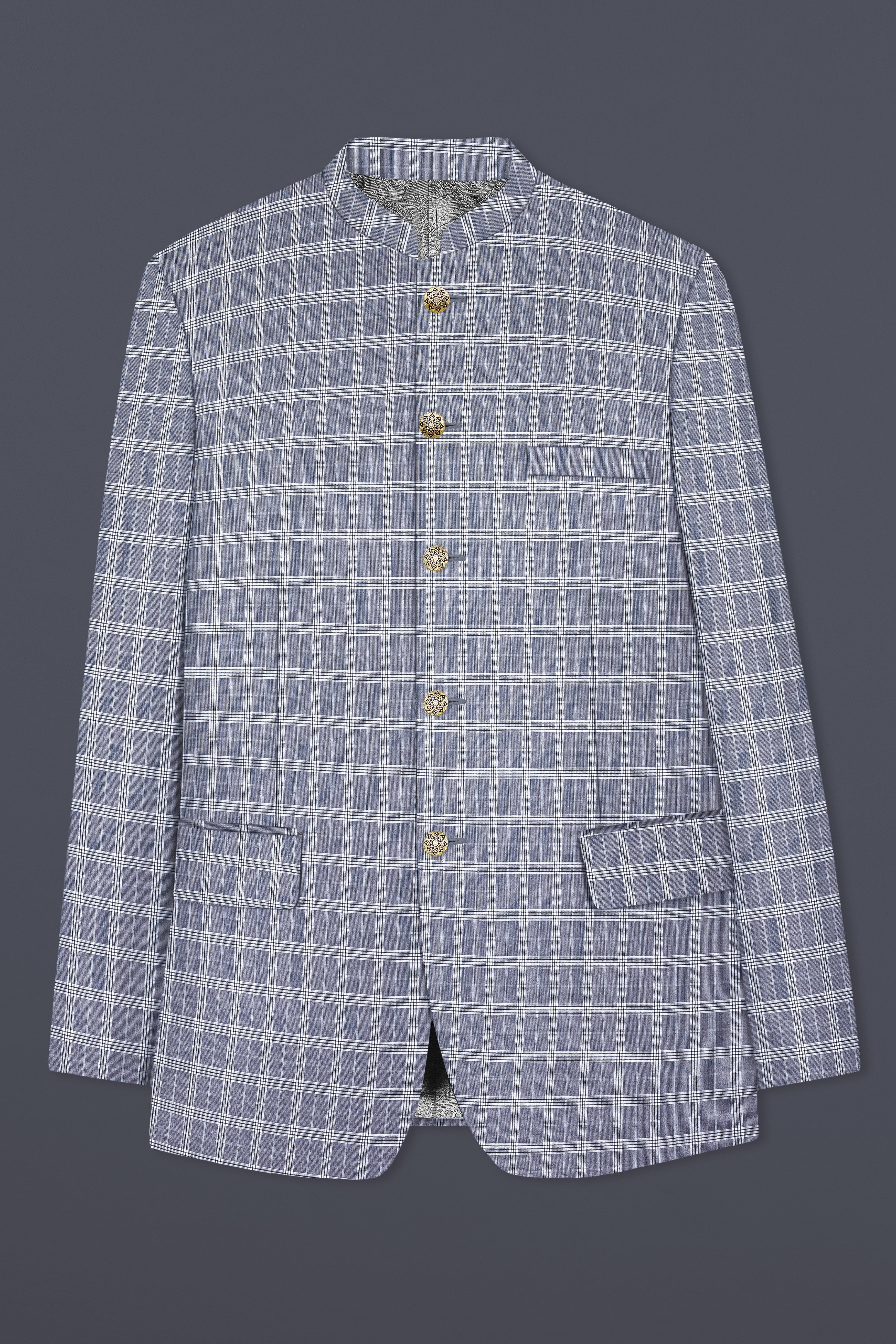 Mountain Mist Blue Plaid Wool Rich Bandhgala Blazer