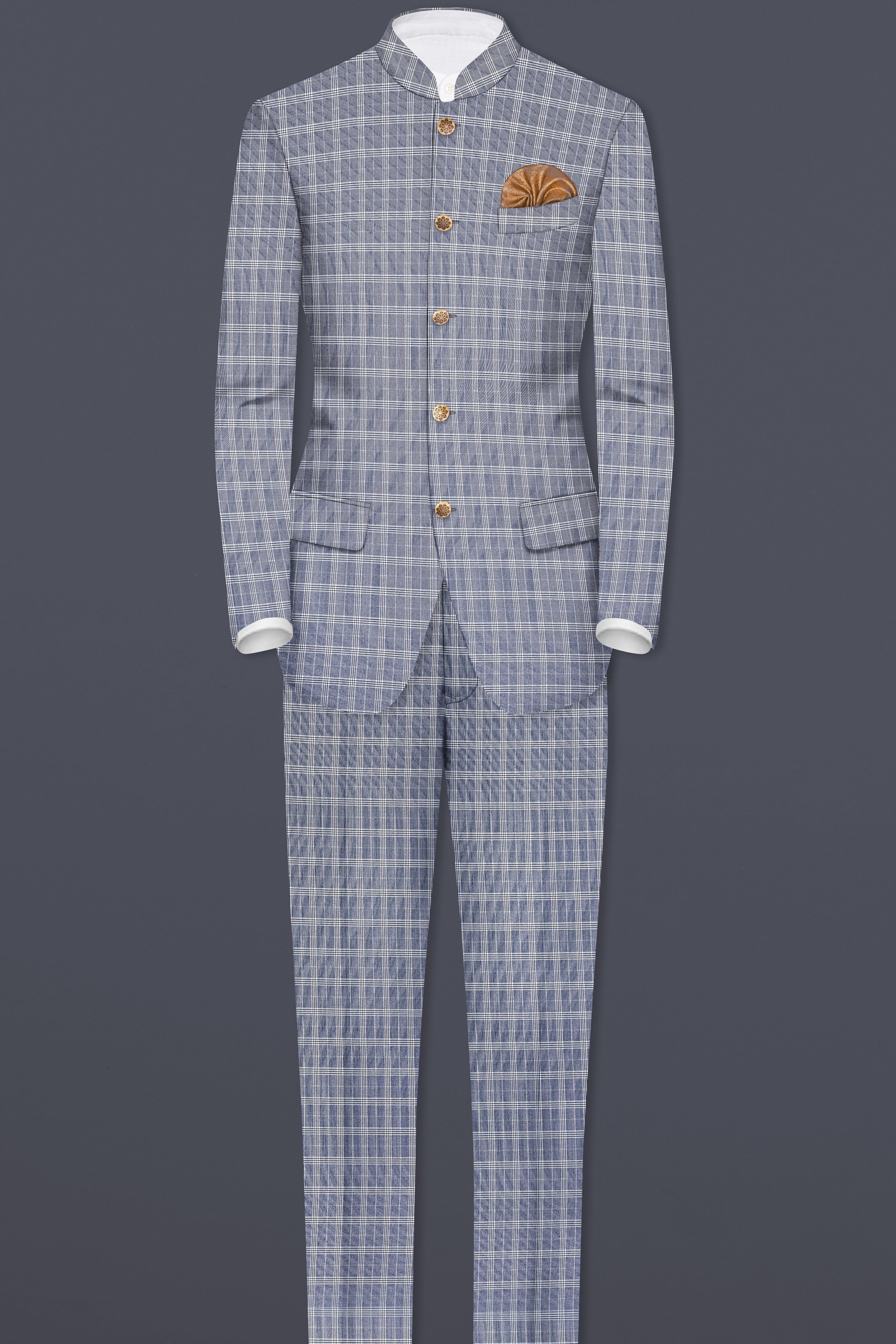 Mountain Mist Blue Plaid Wool Rich Bandhgala Blazer