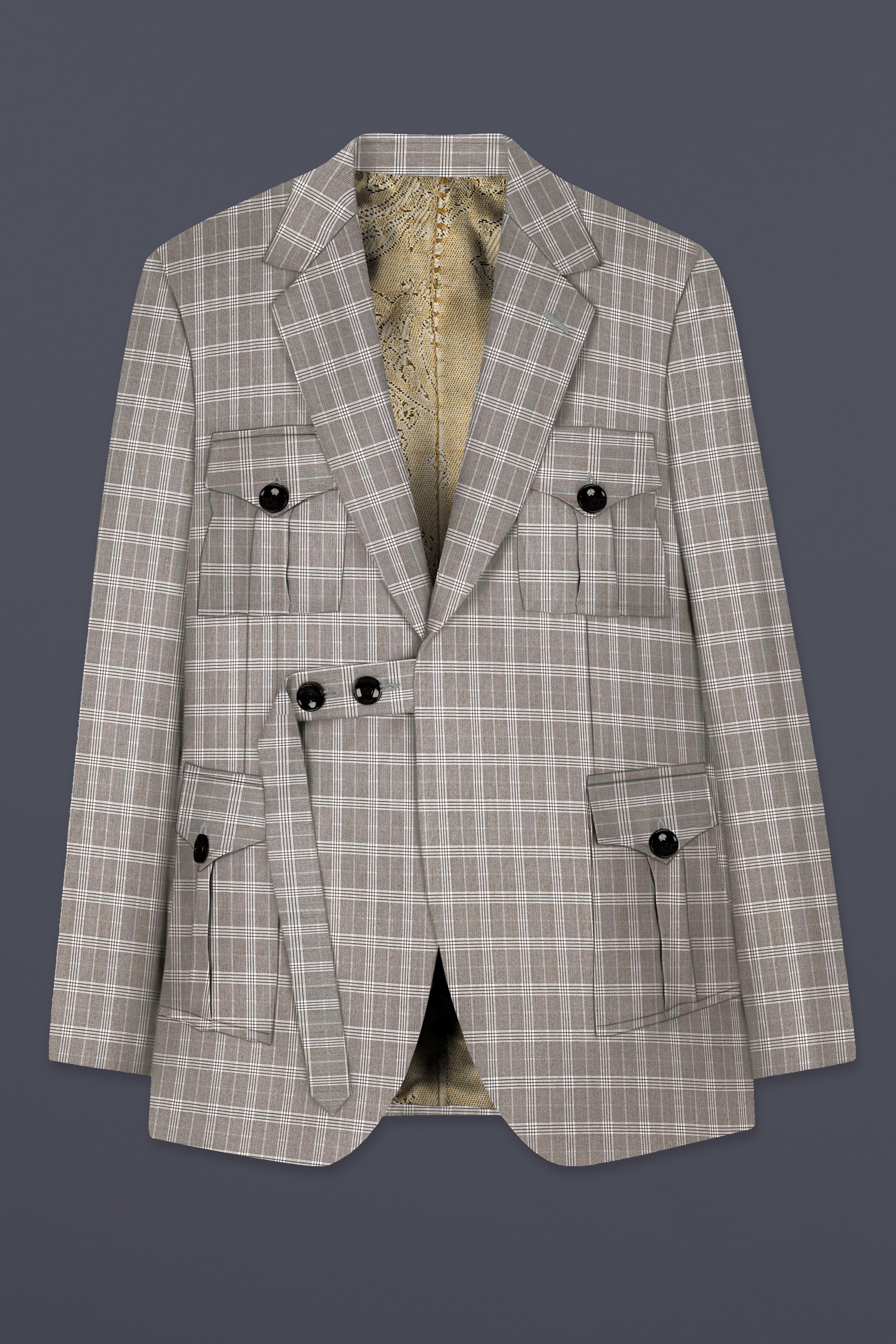 Monsoon Gray Plaid Wool Rich Belt Closure Designer Blazer