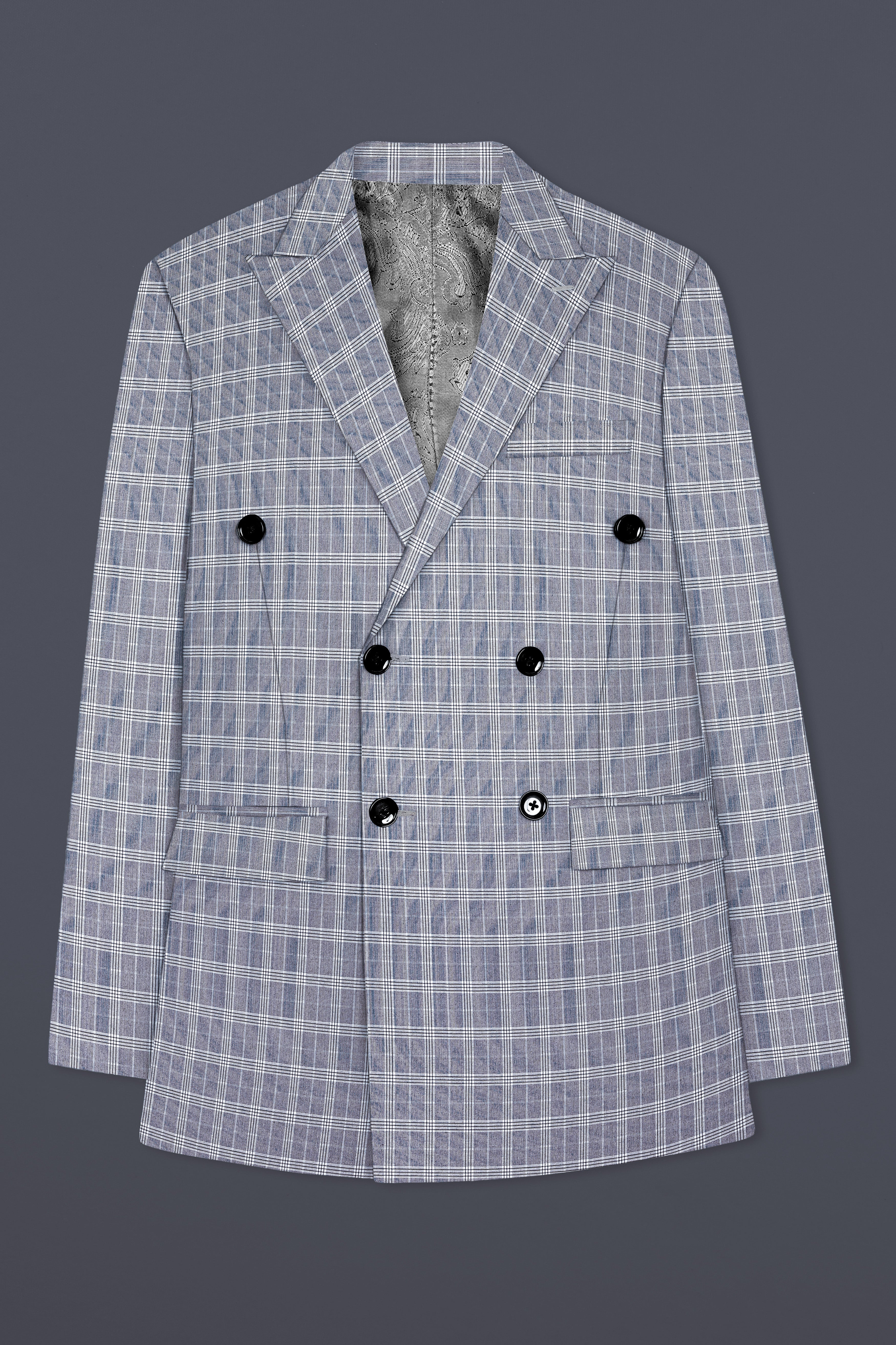 Mountain Mist Blue Plaid Wool Rich Double Breasted Blazer