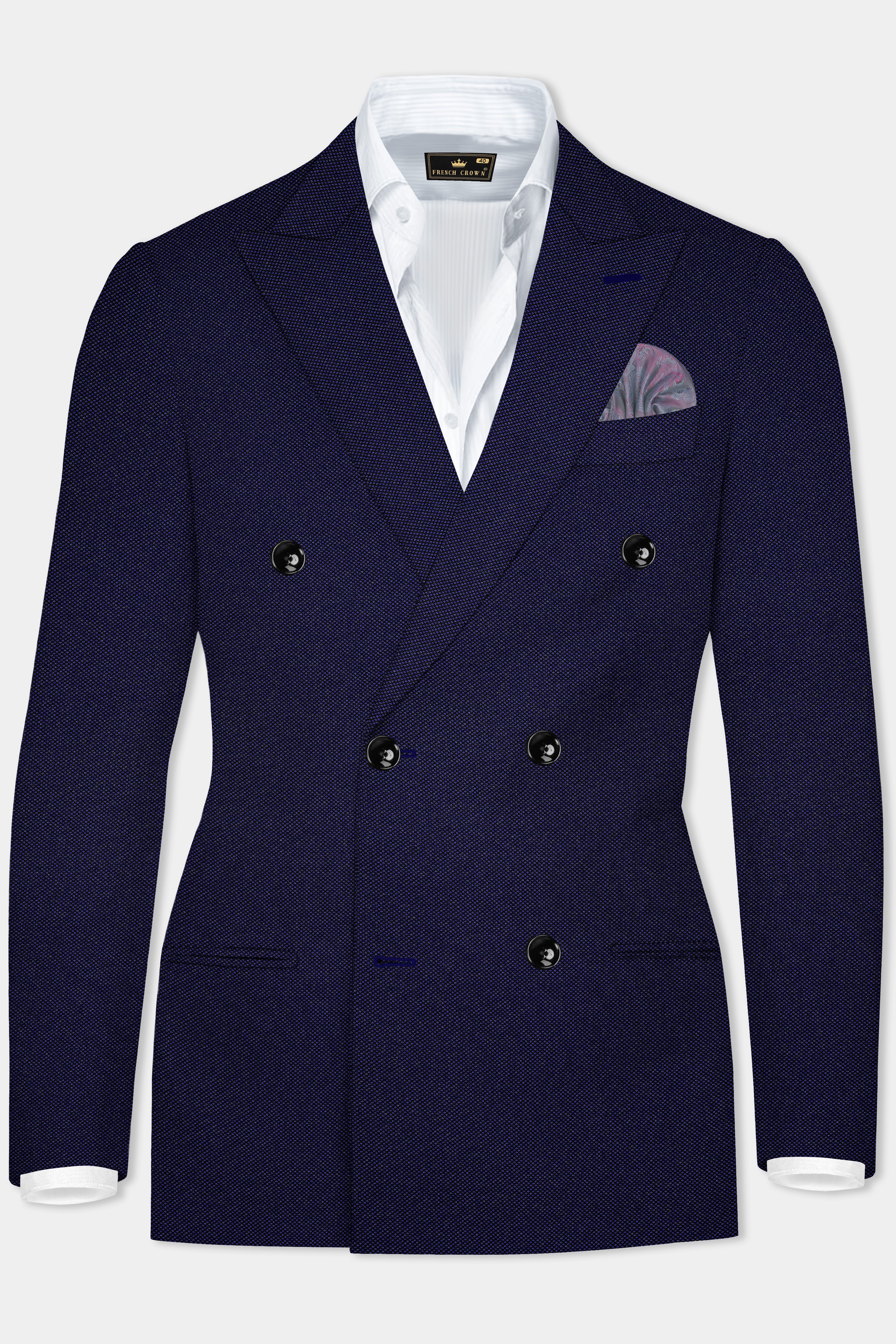 Midnight Blue Textured Wool Rich Double Breasted Blazer