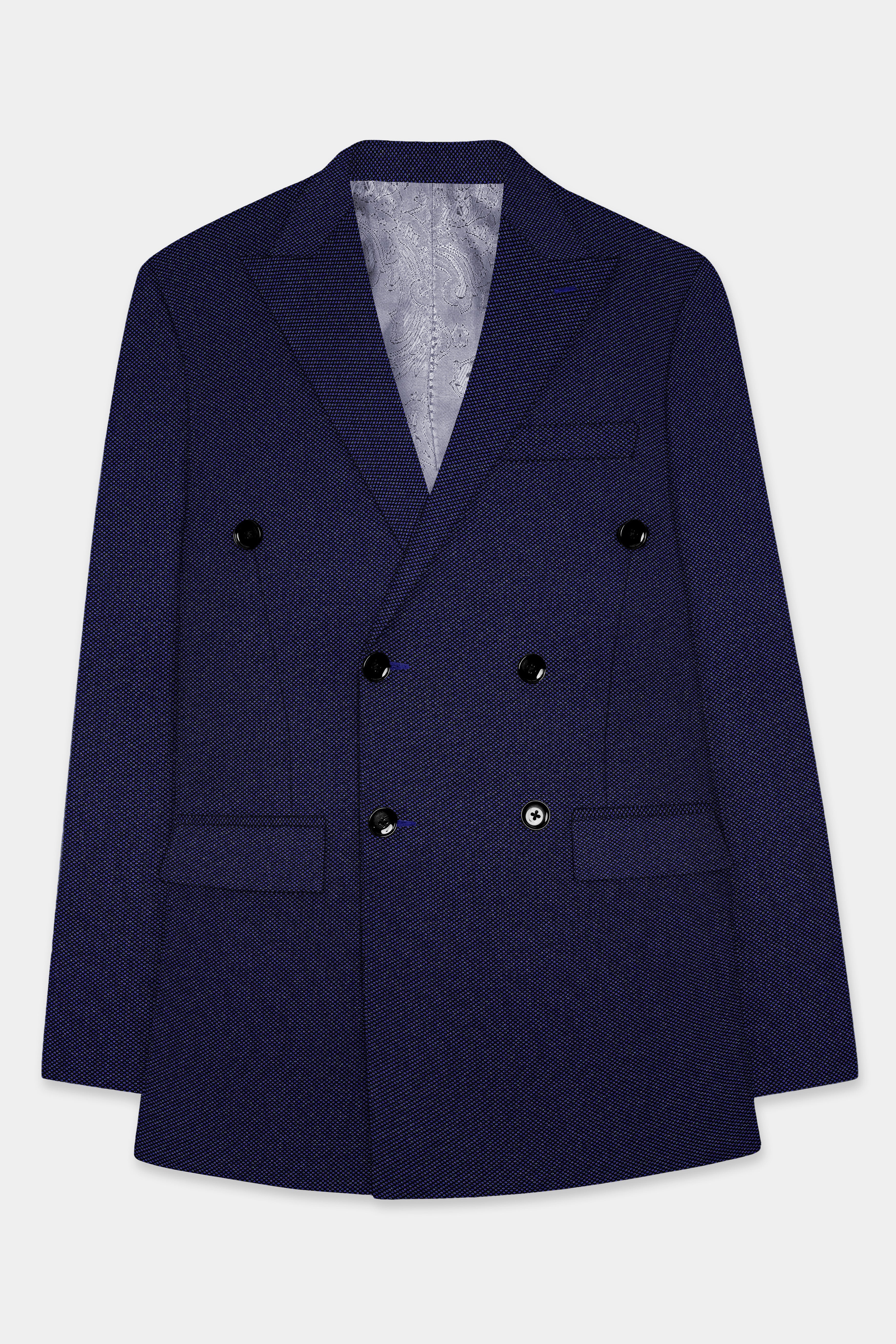 Midnight Blue Textured Wool Rich Double Breasted Blazer