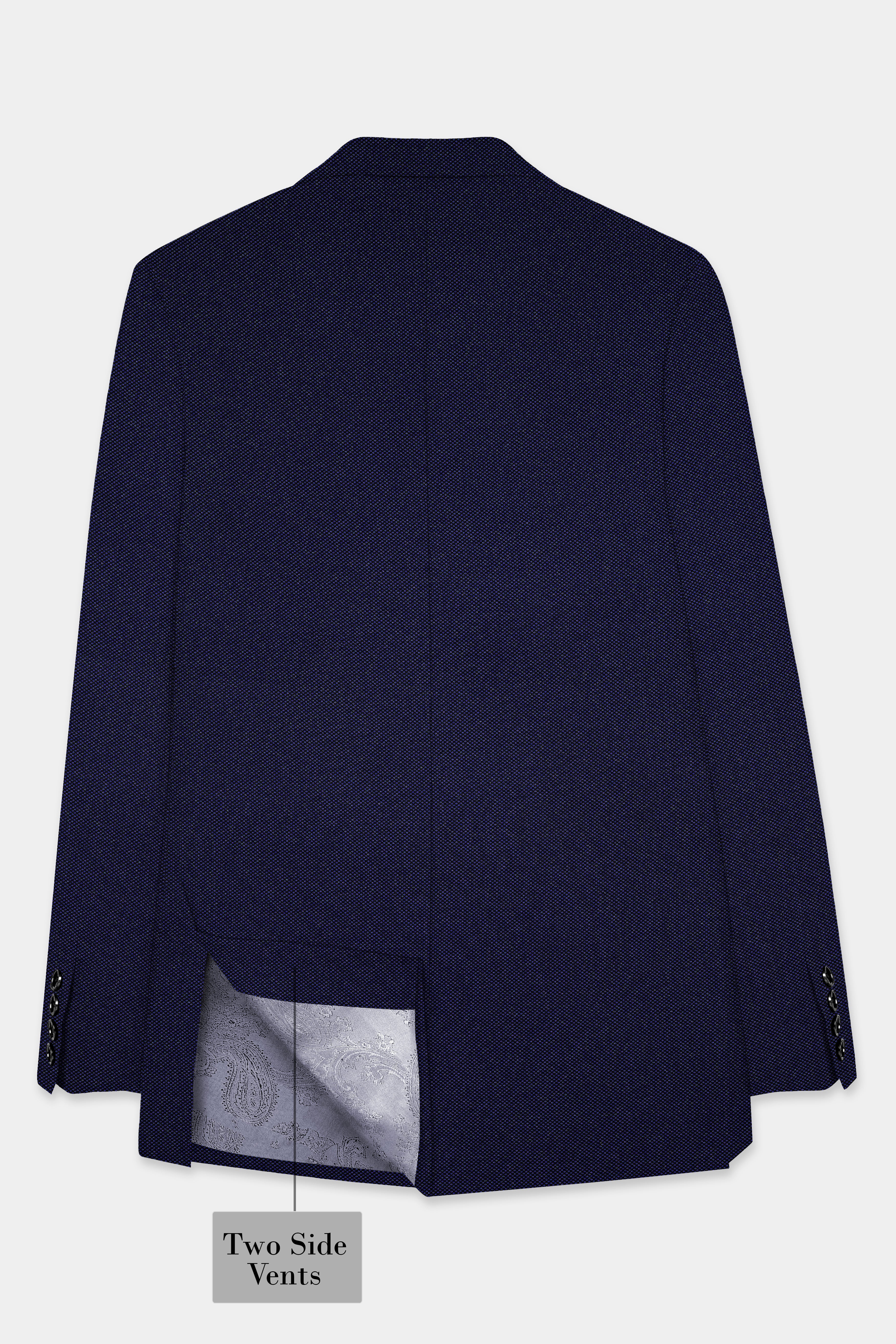 Midnight Blue Textured Wool Rich Double Breasted Blazer