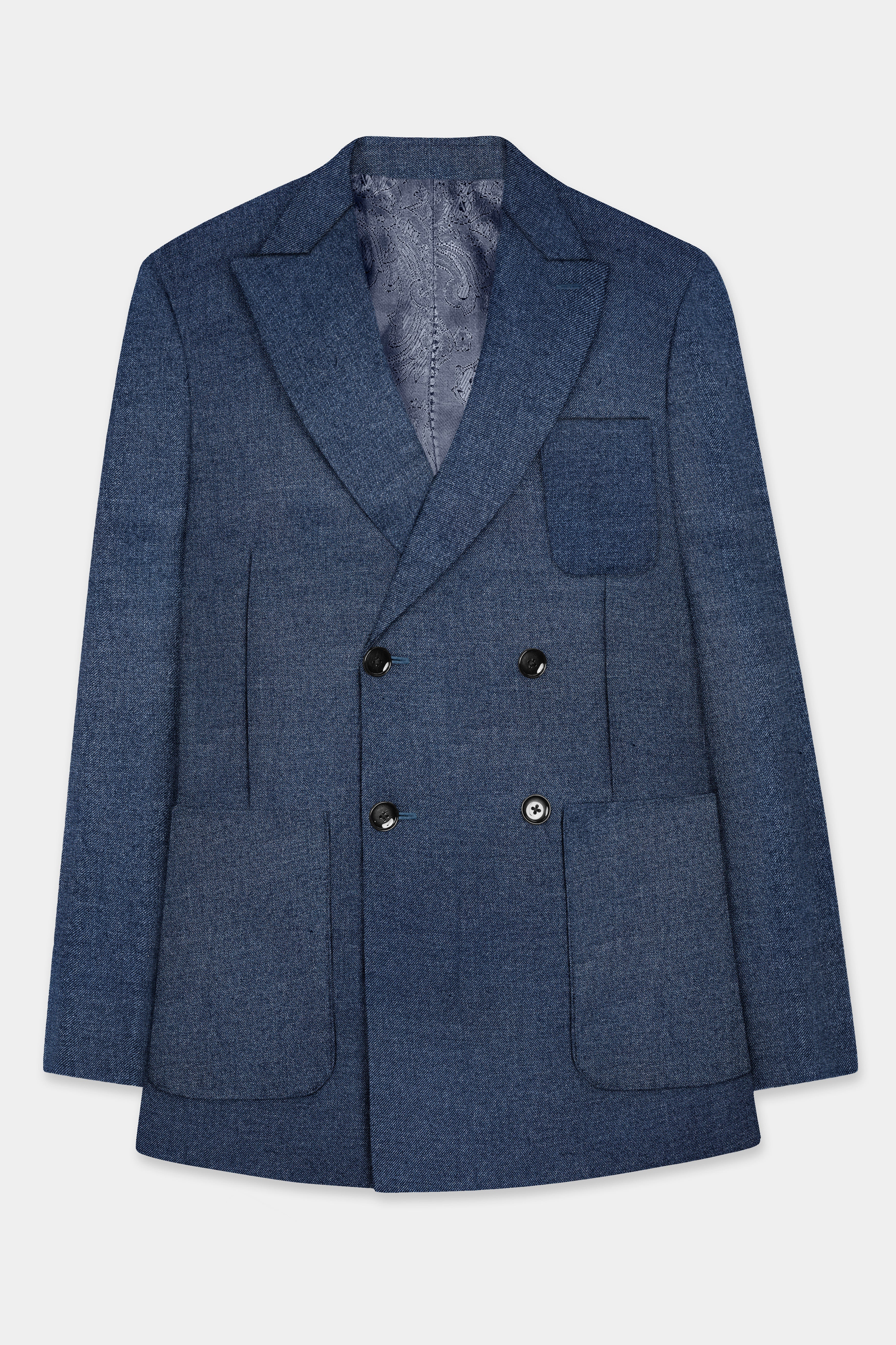 Blue Textured Premium Wool Rich Double Breasted Blazer For Men. Blue Textured Premium Wool Rich Double Breasted Blazer For Men.