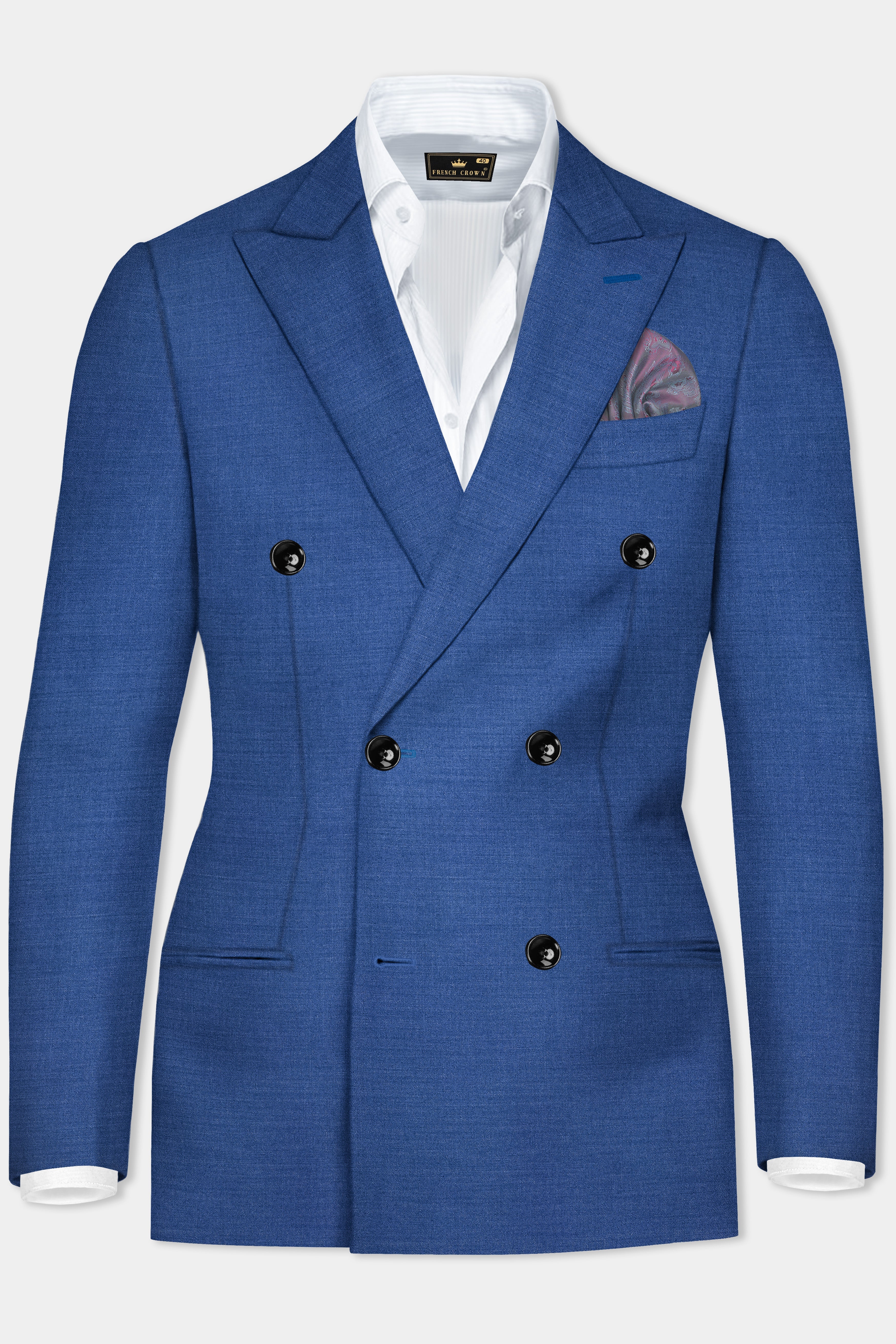 Cobalt Blue Solid Wool Rich Double Breasted Blazer